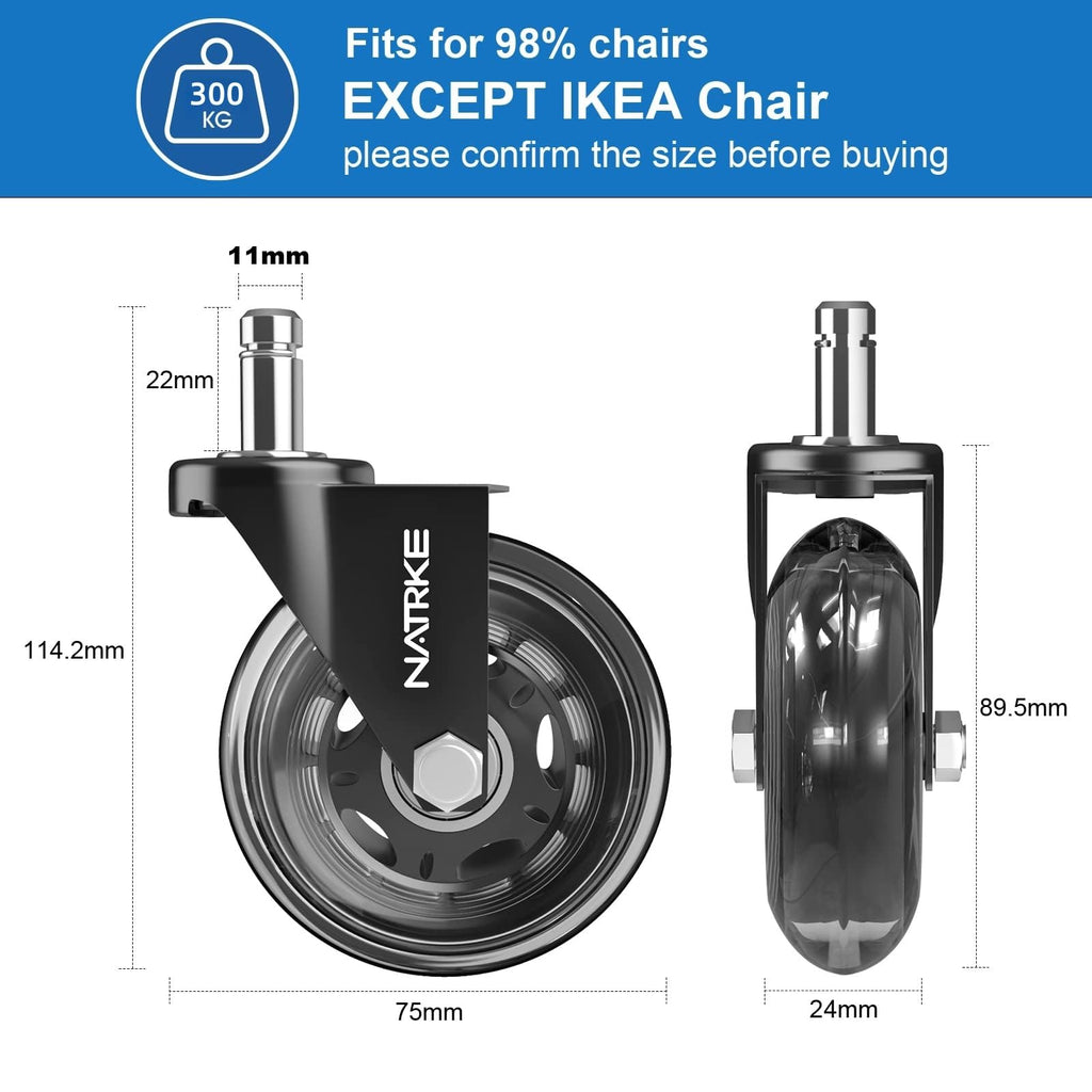 NATRKE Office Chair Wheels Replacement, 3 Inch Rubber Casters for Swivel Chairs, 11mm x 22mm Stem Universal Fit for Hardwood Floors & Carpet, Heavy Duty 5-Pack, Supports 661 lbs (300 kg)