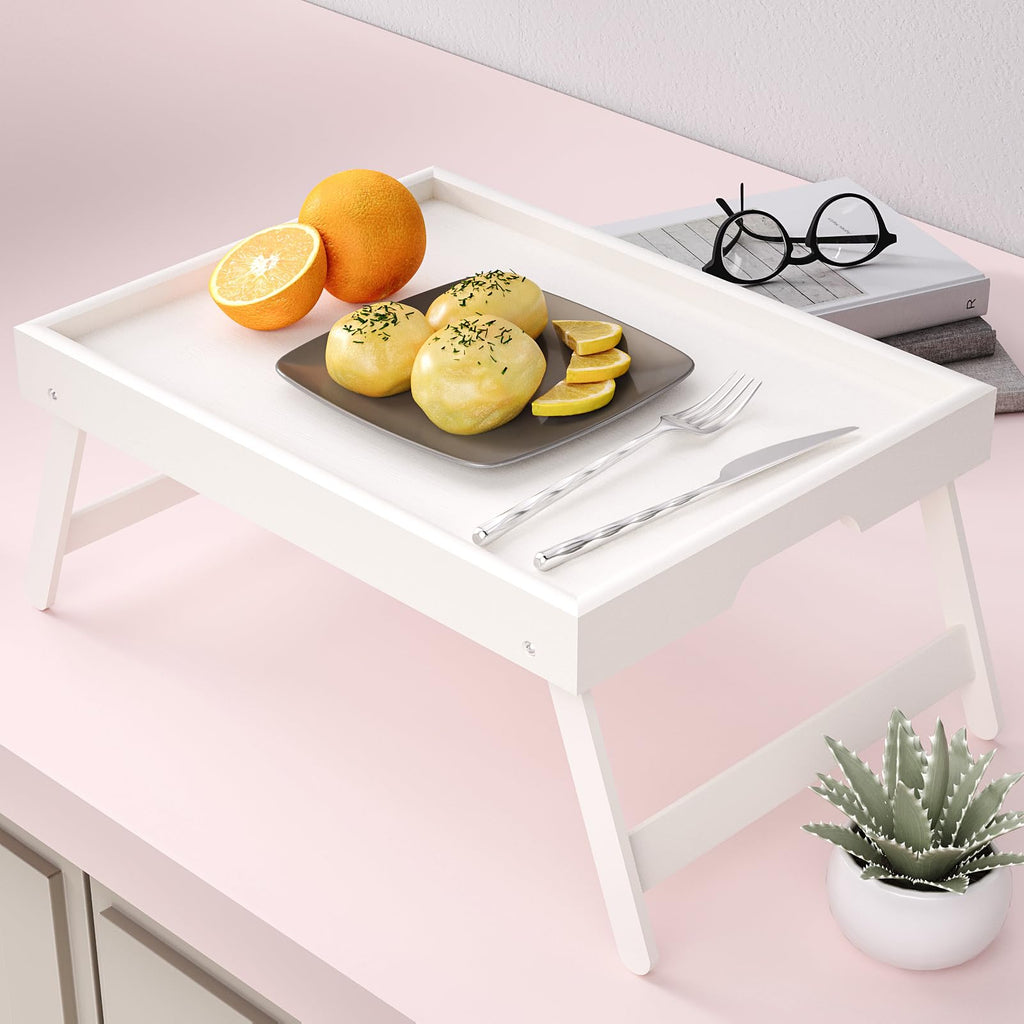 Bamboo Bed Table Tray with Foldable Legs, Large Breakfast Bed Tray with Handles for Food, Snack Small Laptop (White)