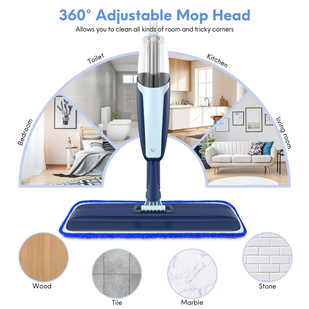 VENETIO Premium Microfibre Spray Mop with Refillable Sprayer for Quick Dry and Wet Floor Cleaning or Dusting | Wood, Laminate, Tile, Vinyl, Hardwood Floor Mop with 3 Reusable and Washable Pads, Blue
