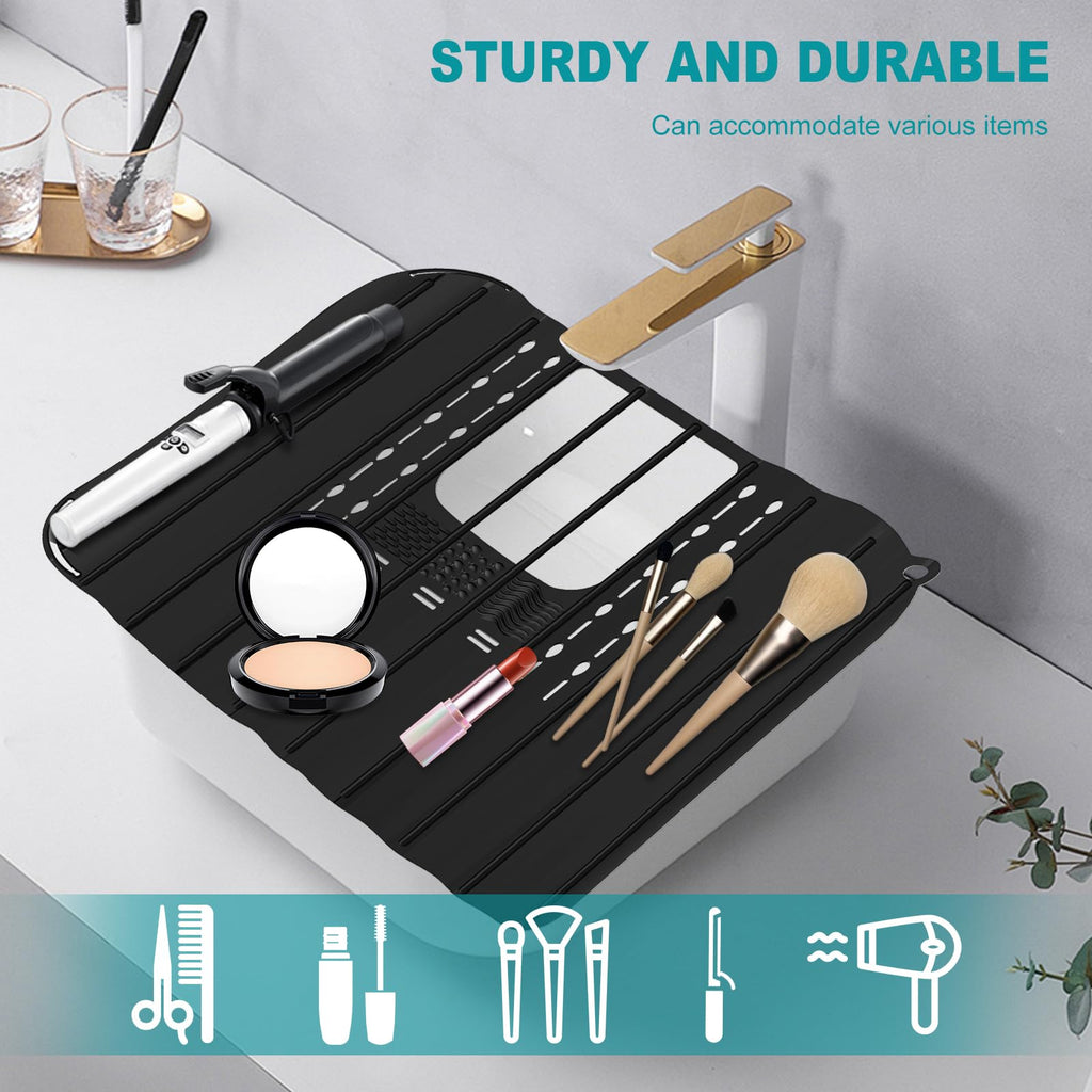 57×42cm Bathroom Sink Cover for Counter Space, Heat Resistant Silicone Sink Top Mat, Foldable Sink Top Cover Multifunctional Sink Makeup Mats for Cosmetics, Skincare Products, Hair Dryer (black)