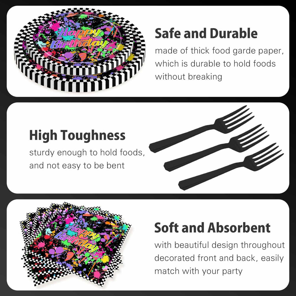 Joliaco 96 Pcs Neon Glow Birthday Party Tableware Set Colorful Graffiti Splatter Paint Disposable Paper Plates and Napkins Glow in the Dark Theme Party Supplies for 24 Guests