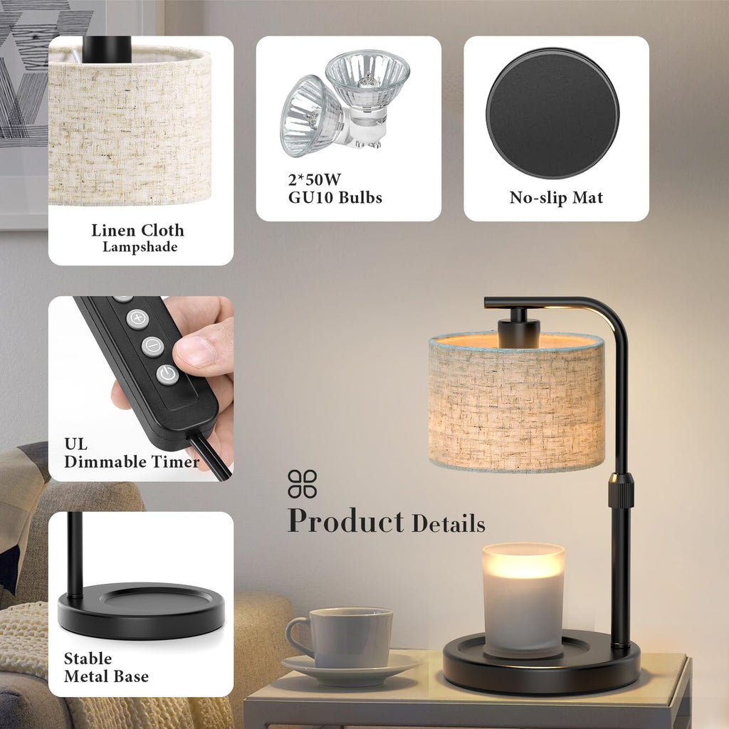 Spclsim Black Candle Warmer Lamp with Timer Dimmer, Adjustable Height Electric Candle Warmer Wax Heater with 2 Bulbs, Birthday Gifts for Mom Women Her, House Warming Gifts New Home