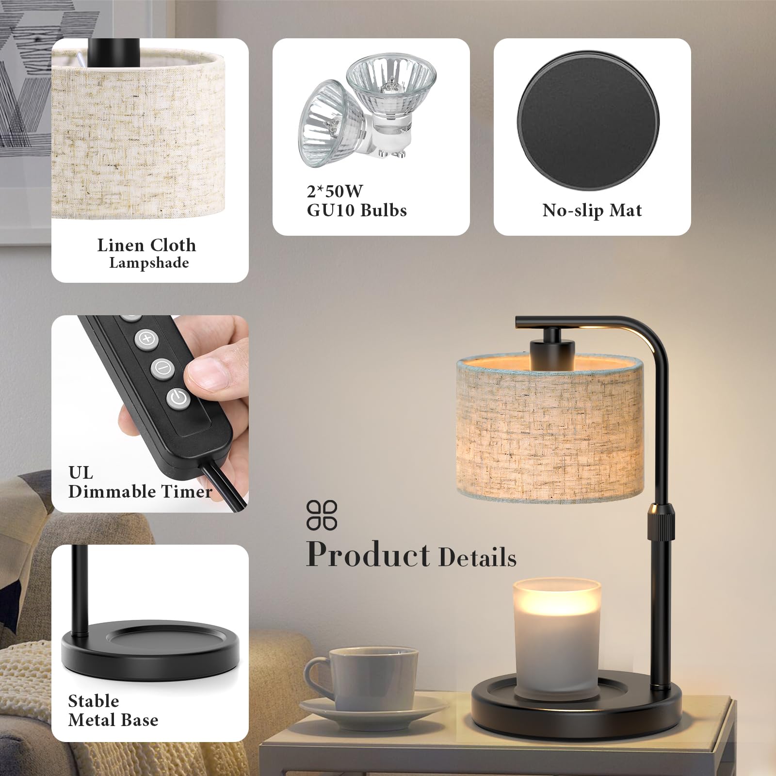 Spclsim Black Candle Warmer Lamp with Timer Dimmer, Adjustable Height Electric Candle Warmer Wax Heater with 2 Bulbs, Birthday Gifts for Mom Women Her, House Warming Gifts New Home