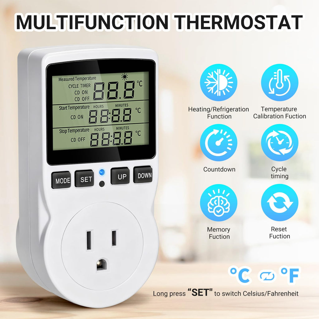 XIBETEO Digital Thermostat Outlet Plug Temperature Controller, Thermostat Reptile -40°C~120°C Hating Cooling Timing Plug with 1.7m Sensor for Greenhouse Incubator Brewing Terrarium 120V 15A 1800W