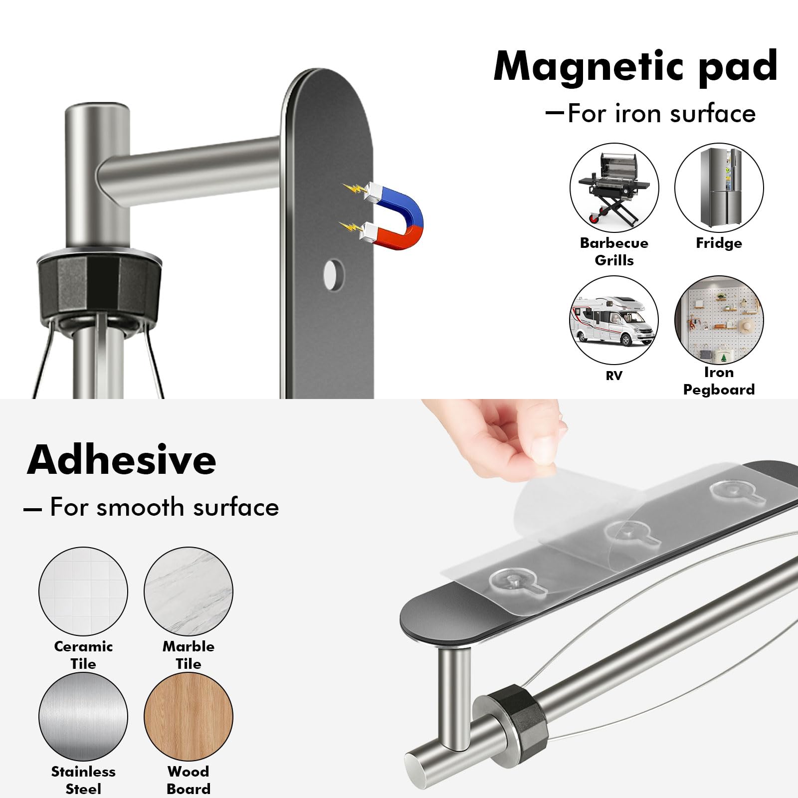 KIHOGEM Magnetic Paper Towel Holder, One Hand Operable Paper Towel Holder Wall Mount with Strong Magnetic Backing and Self-Adhesive for Kitchen Refrigerator RVs Grill Garage（Silver）