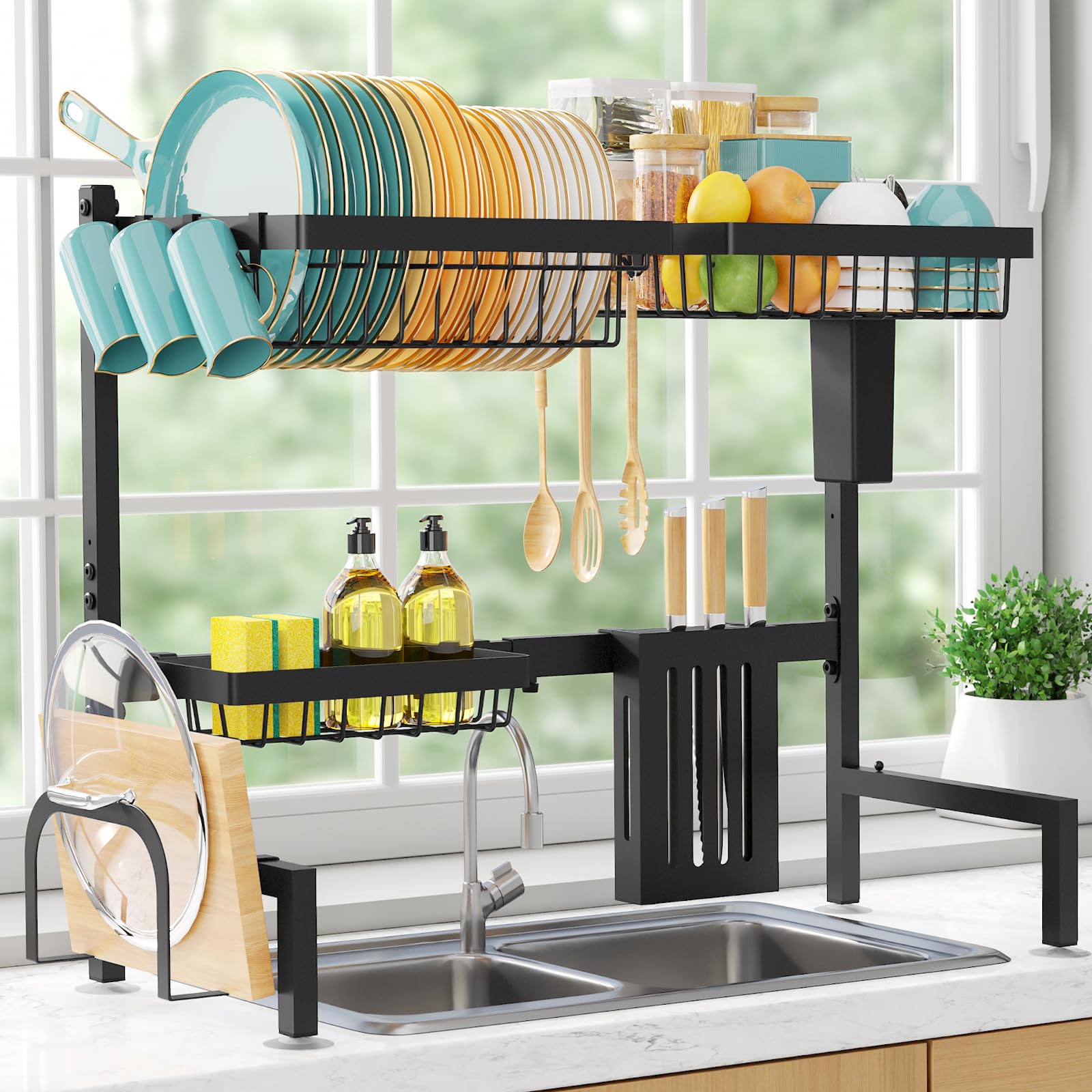 Sakugi Dish Drying Rack Over The Sink – Large Capacity Stainless Steel Dish Drainer, Multifunctional Kitchen Organizer, Black, 28 × 76–86 × 54 cm (D × W × H)