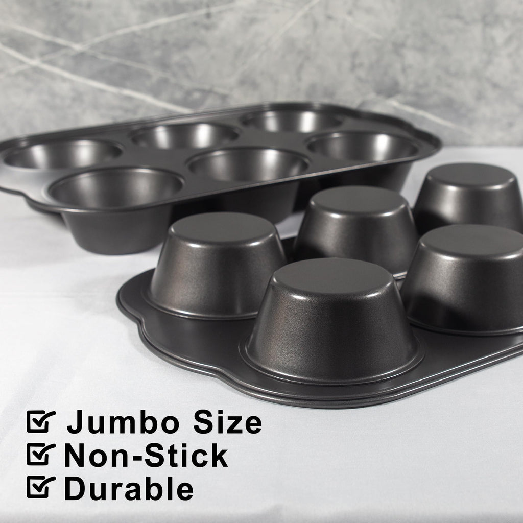Bakexcel Non-Stick Jumbo Muffin Pans, 3.5" 6-Cup Set of 2 Baking Pans, Heavy Duty Carbon Steel Tins for Extra-large Muffins & Cupcakes