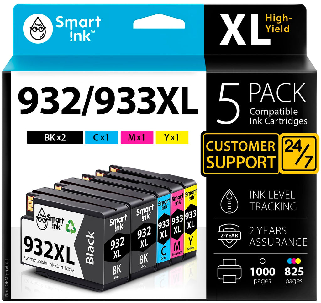 Smart Ink Compatible Ink Cartridge Replacement for HP 932 XL 933 XL 932XL 933XL High Yield 5 Pack Combo (2 Black & C/M/Y) Ink Cartridges High Capacity for HP Officejet 6600 6100 6700 7110 7510 7610