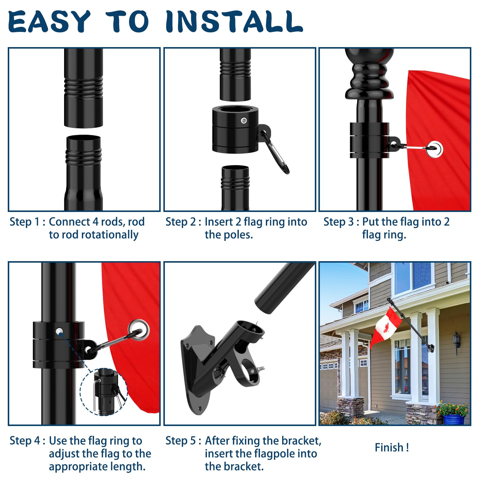 Hanotic Flag Pole Kit, 6FT Flag Poles Outdoor with Upgraded Bracket, Adjustable Length, 360° Tangle Stainless Steel, Residential or Commercial, for Garden, Yard, Patio (Without Flag, Black)
