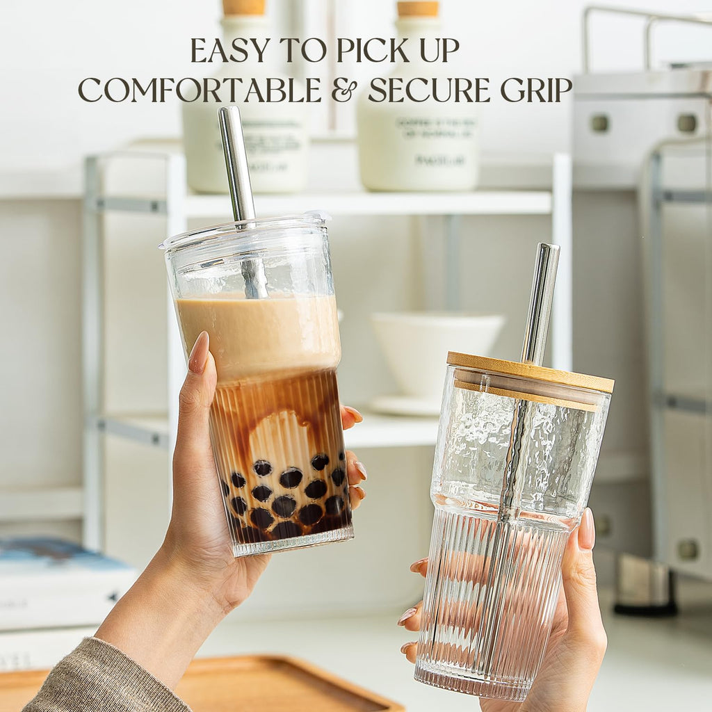 KEMORELA 20oz Ribbed Glass Tumblers with Bamboo & 2 in 1 Leak-Proof Lids, Extra-Wide 13mm Reusable Stainless Steel Straws, 2Pcs Vintage Drinking Glasses for Boba, Iced Coffee, Smoothies,Travel Cups