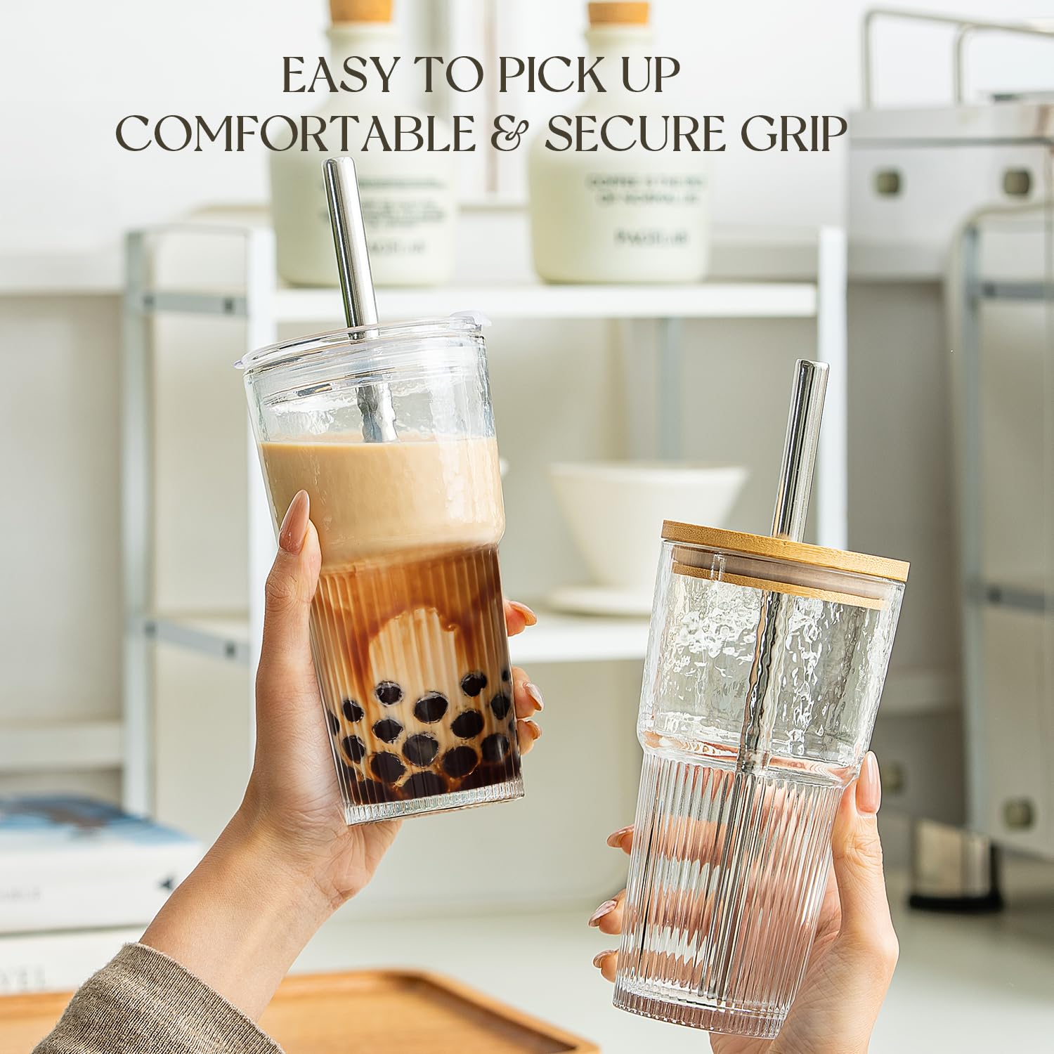 KEMORELA 20oz Ribbed Glass Tumblers with Bamboo & 2 in 1 Leak-Proof Lids, Extra-Wide 13mm Reusable Stainless Steel Straws, 2Pcs Vintage Drinking Glasses for Boba, Iced Coffee, Smoothies,Travel Cups
