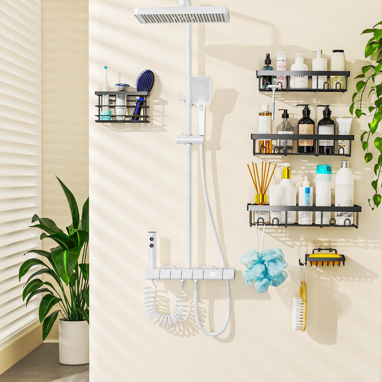 Moforoco Shower Caddy Shelf Organizer Rack, Self Adhesive Black Bathroom Shelves Basket, Home Farmhouse Wall Shower Inside Organization and Storage Decor Rv Accessories, First Apartment Essentials