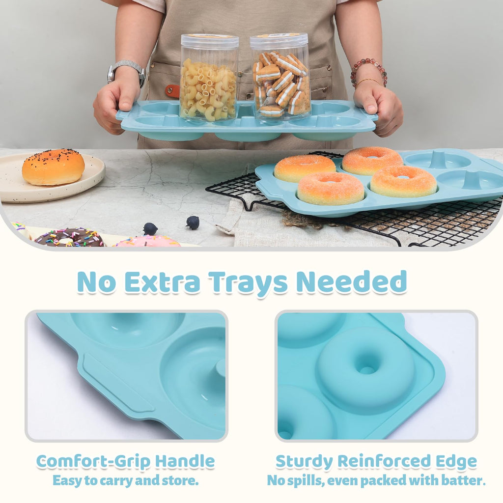 Toeusog Nonstick Silicone Donut Pan: 3.5 Inch Large Donut Mold with Metal Frame - Bagel Doughnut Pan for Baking Gluten Free Glazed Vegan - for Oven Housewife Home Baker Baking Lovers (Green & Beige)