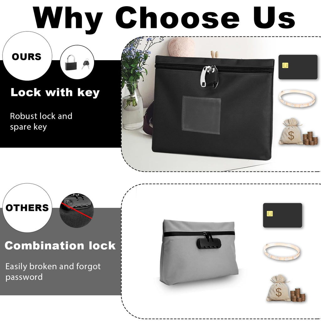 2 Pack Money Bag with Lock Oxford Locking Money Bag Lockable Cash Bags Black Money Bank Deposit Bag 8.3 x 11.4 inch Cashier Bags Document Bag with Lock 4 Keys for Business Bank