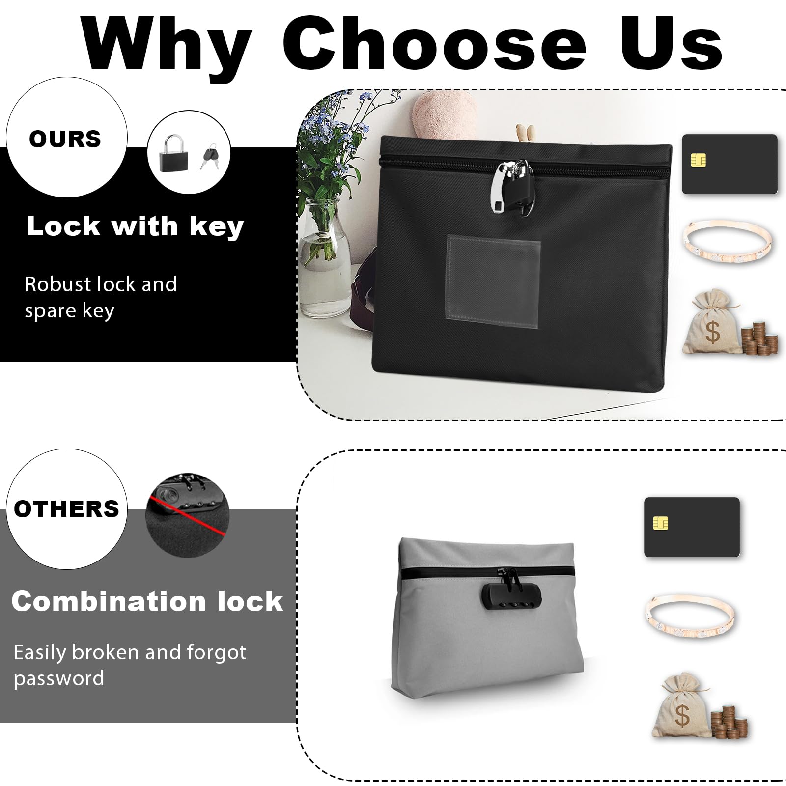 2 Pack Money Bag with Lock Oxford Locking Money Bag Lockable Cash Bags Black Money Bank Deposit Bag 8.3 x 11.4 inch Cashier Bags Document Bag with Lock 4 Keys for Business Bank