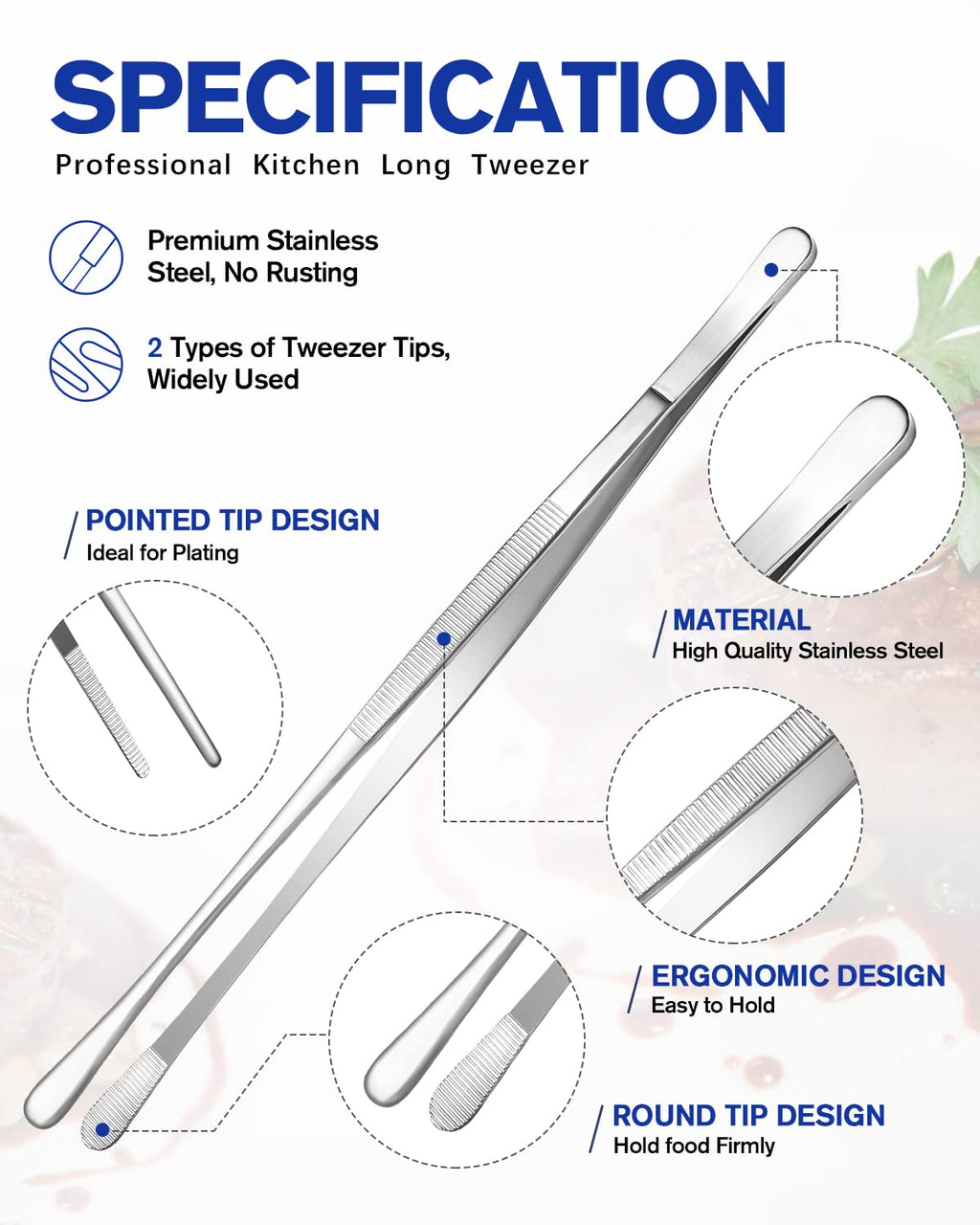 4 Pcs Kitchen Fine Tweezer Tongs, 12'' and 10'' Stainless Steel Food Tweezers Set, Professional Kitchen Long Tweezer for Cooking, Repairing, Sea Food and BBQ(Silver)