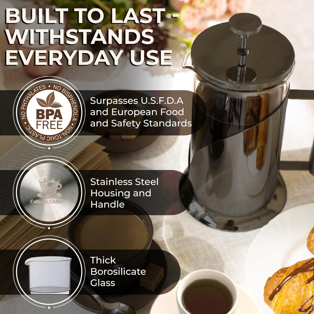 French Press Coffee Maker 34oz – Stainless Steel & Glass Coffee Press with 4-Level Filtration, BPA-Free Cafetiere for Camping or Home – Large, Durable for Hot & Cold Brew