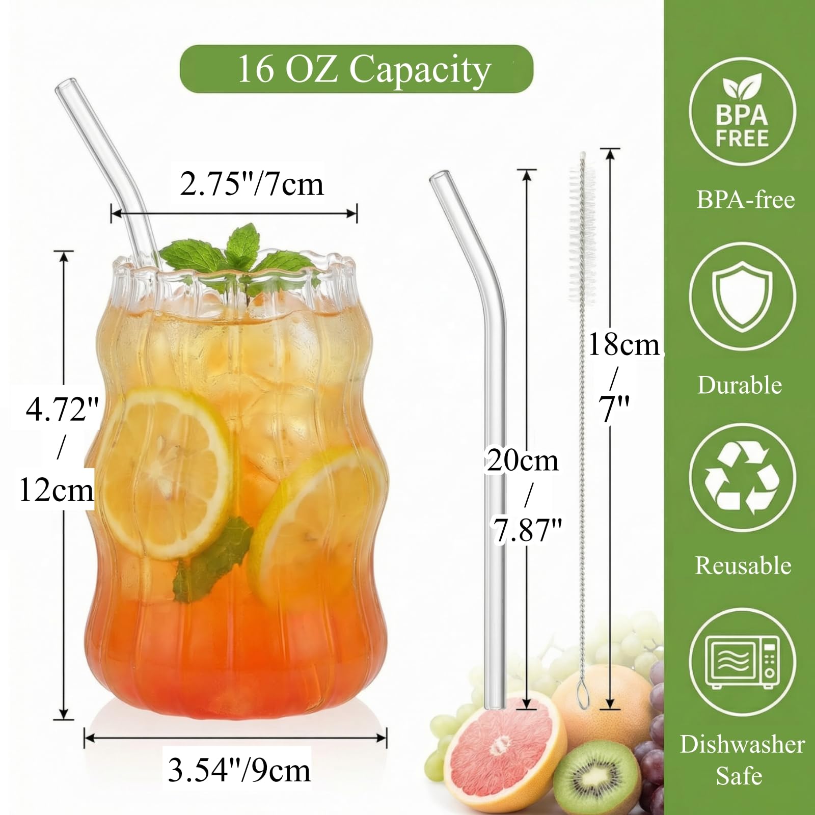 Tebery 4 Pack Ribbed Aesthetic Glass Cups with Glass Straw, 16Oz Vintage Drinking Glassware Ripple Cocktail Glasses for Iced Coffee Juice Beverage Milk