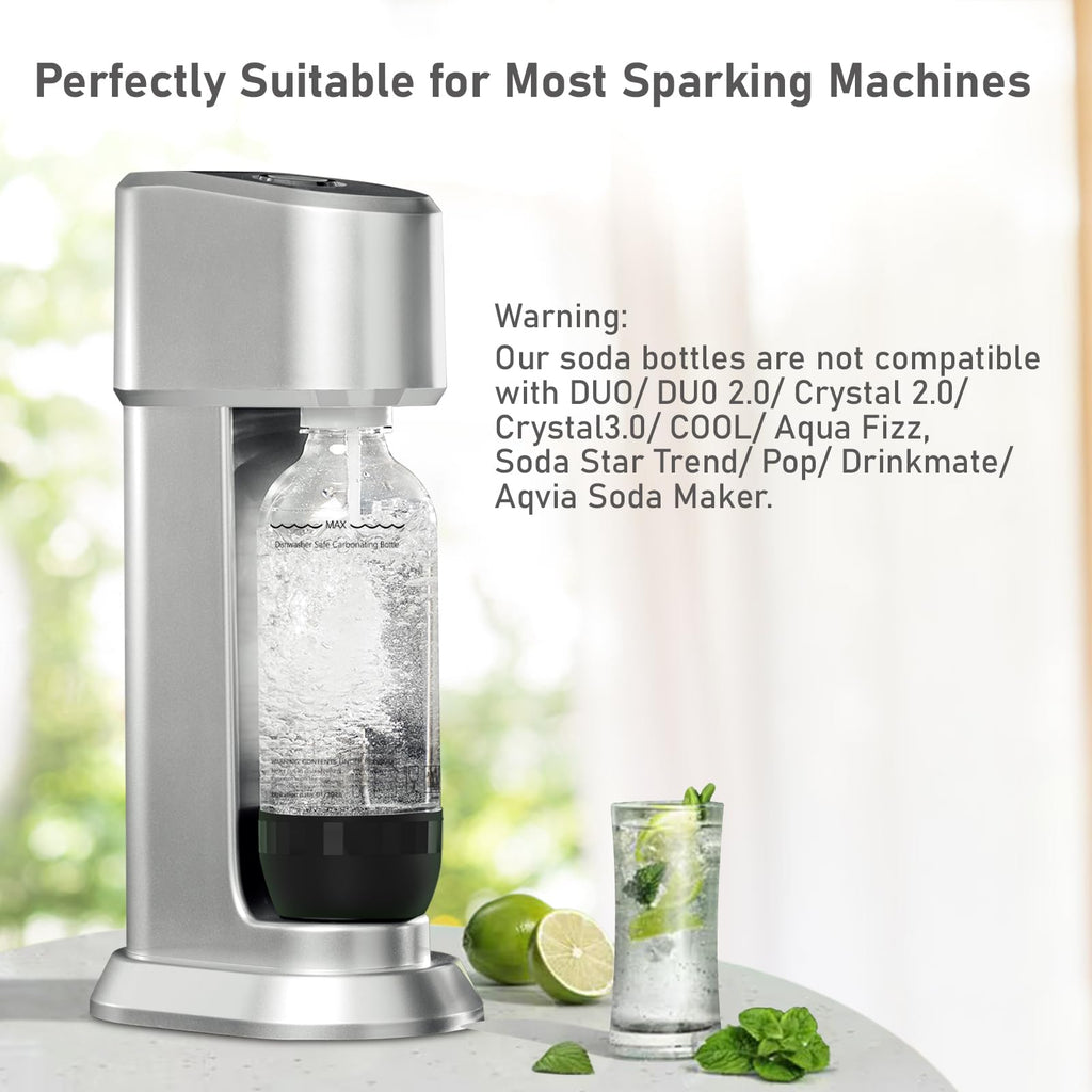 Mycket Soda Maker Bottles, 2 Pack Dishwasher-Safe Bottles for Water Carbonation Bottles, 1 Litre BPA Free Reusable PET Sparkling Water Bottles for Soda Machine, Black
