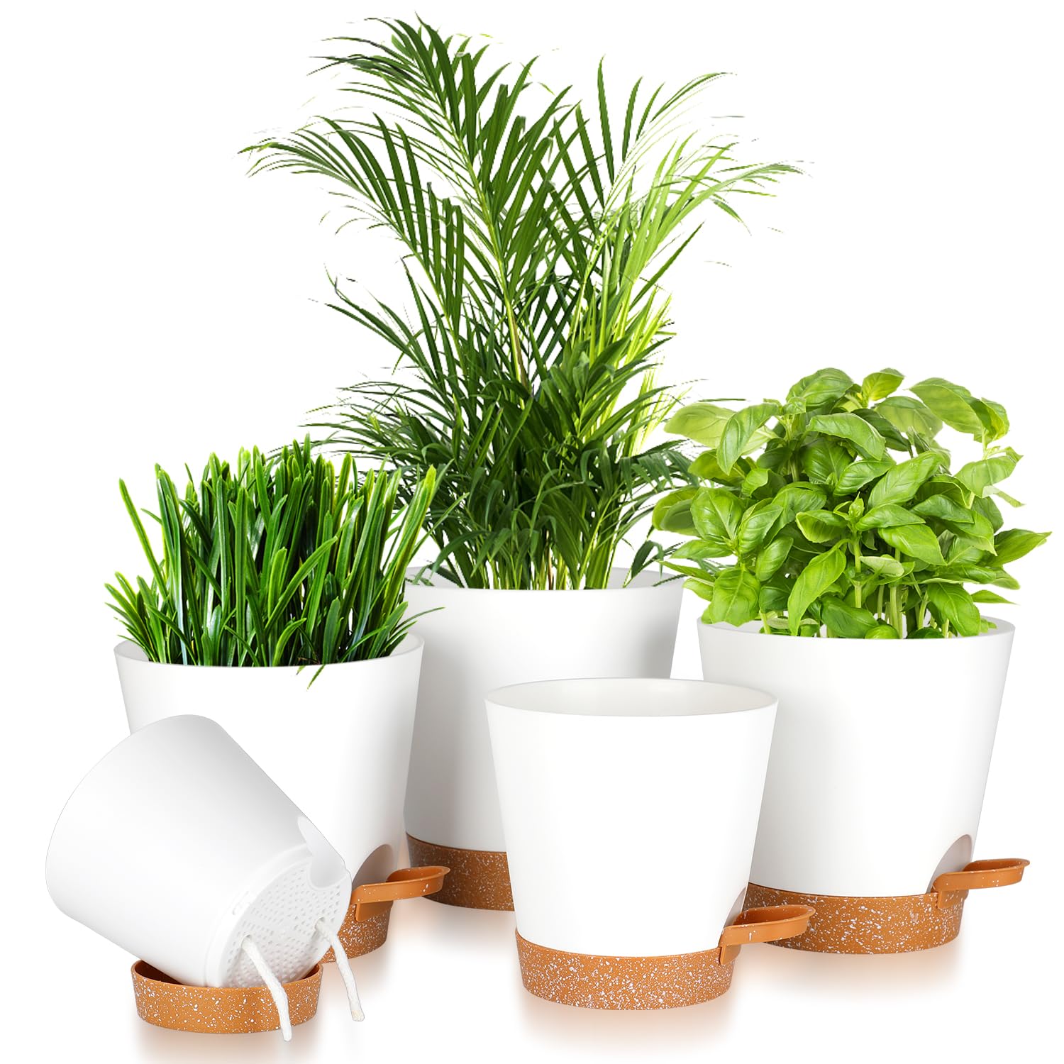 Plant Pots 5 Pack 7+6.5+6+5.5+5 Inch, Self Watering Planters with Drainage Hole, Plastic Plant Pots Indoor Decorative Modern Planting for Various Plants, Planters for Indoor Plants