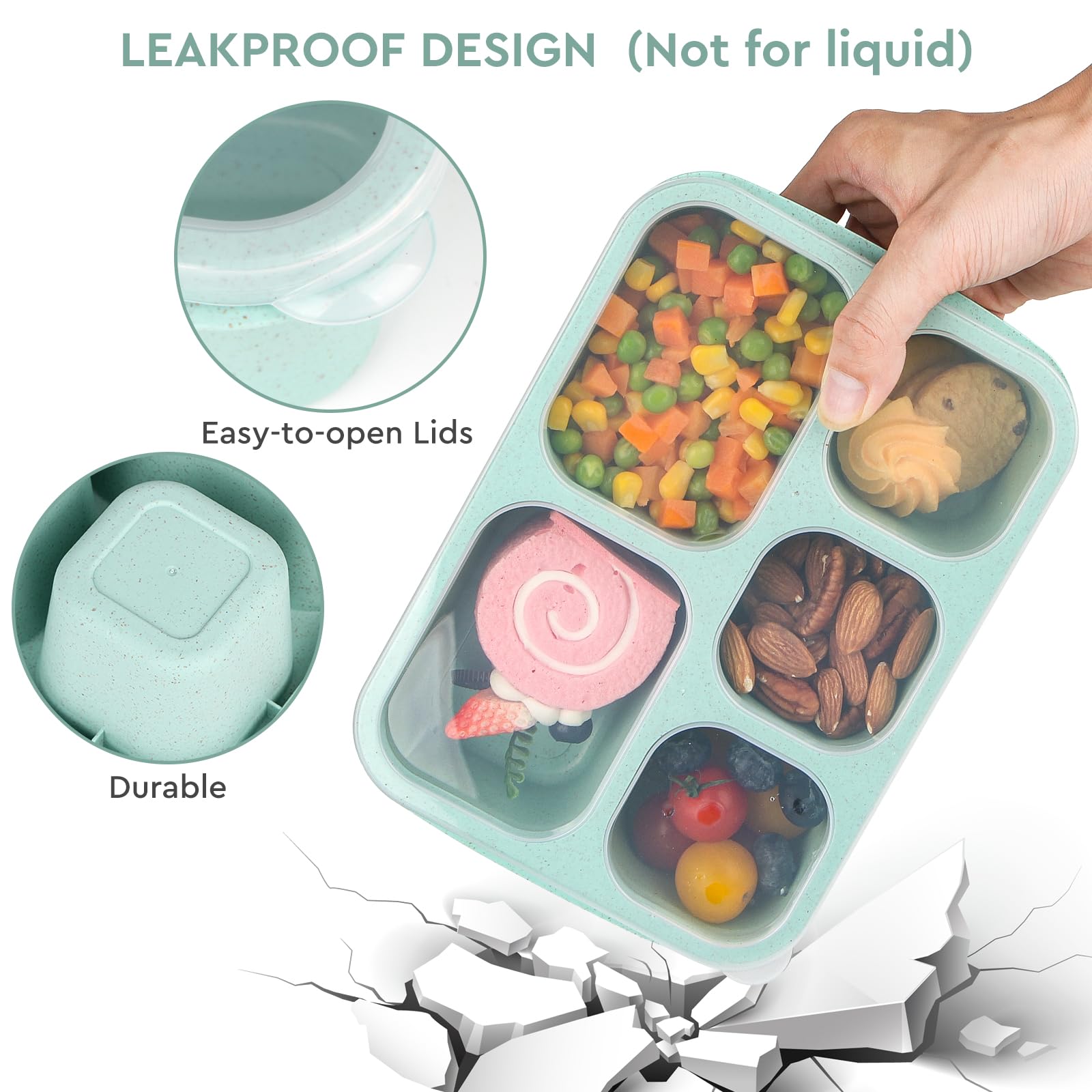 Lunbxx Bento Lunch Boxes - Reusable 5-Compartment Food Lunchables Containers, Snack Boxes for Adults Container for School, Work, and Travel, Set of 4 (Wheat)