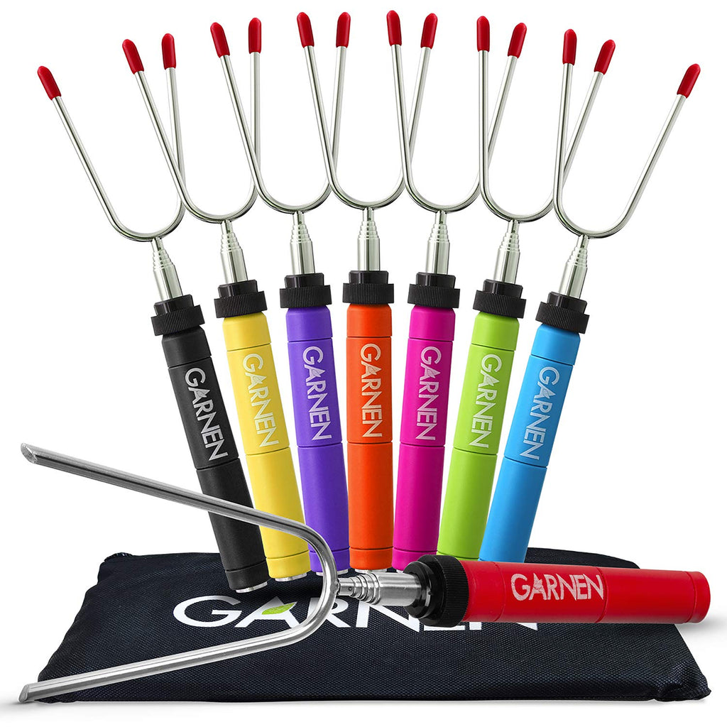 Garnen BBQ Marshmallow Roasting Smores Sticks with Pouch (8 Packs) FDA Certified, 34 inch Extendable Rotating Stainless Steel Skewer Fork with Plastic Handle for Kids Camping Grill Campfire Firepit