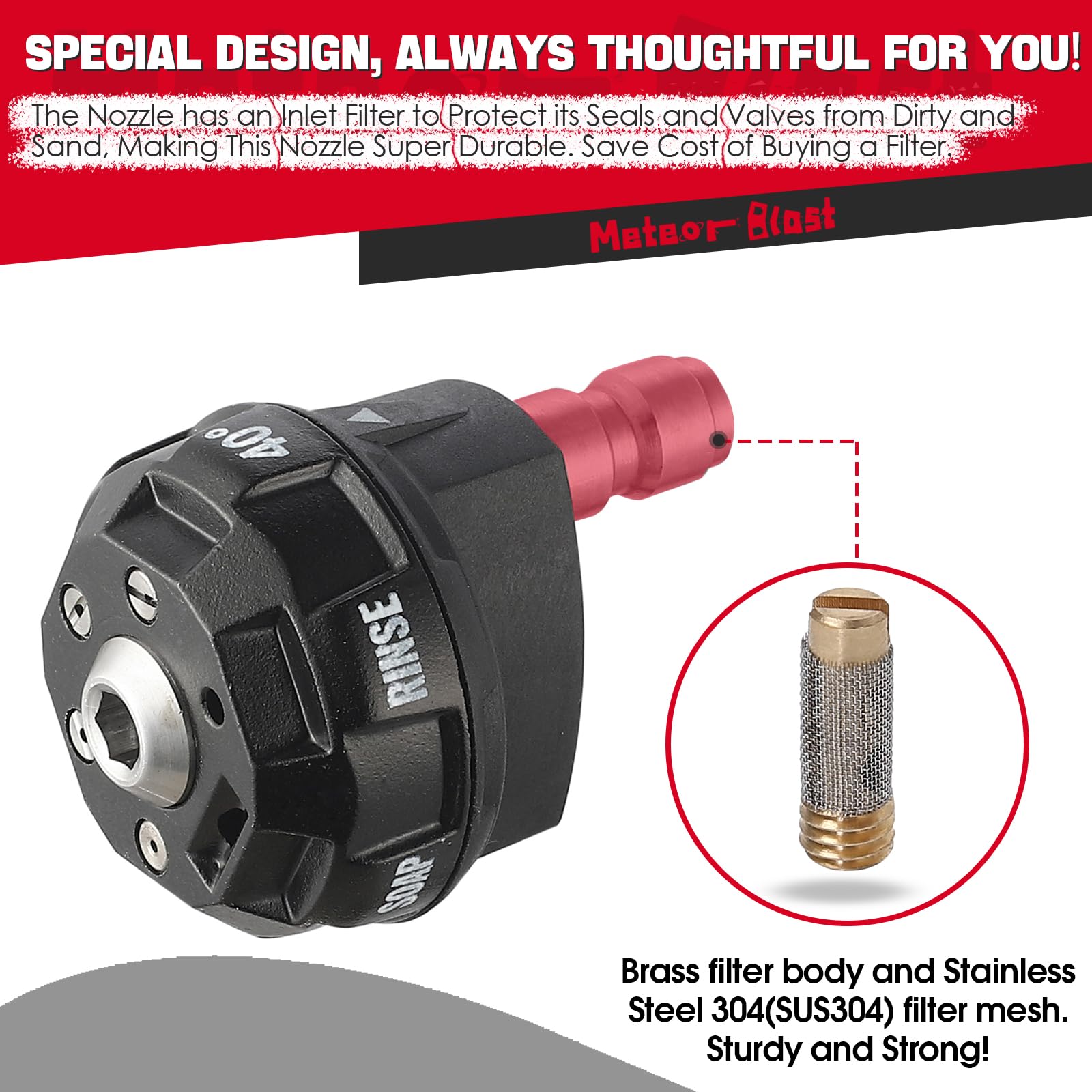 Meteor Blast Pressure Washer Nozzle, 6-in-1 Quick Change Over and Adjustable, Power Washer Tips Replacement with 1/4 inch Quick Connector, MAX 4500PSI for Pressure Washer