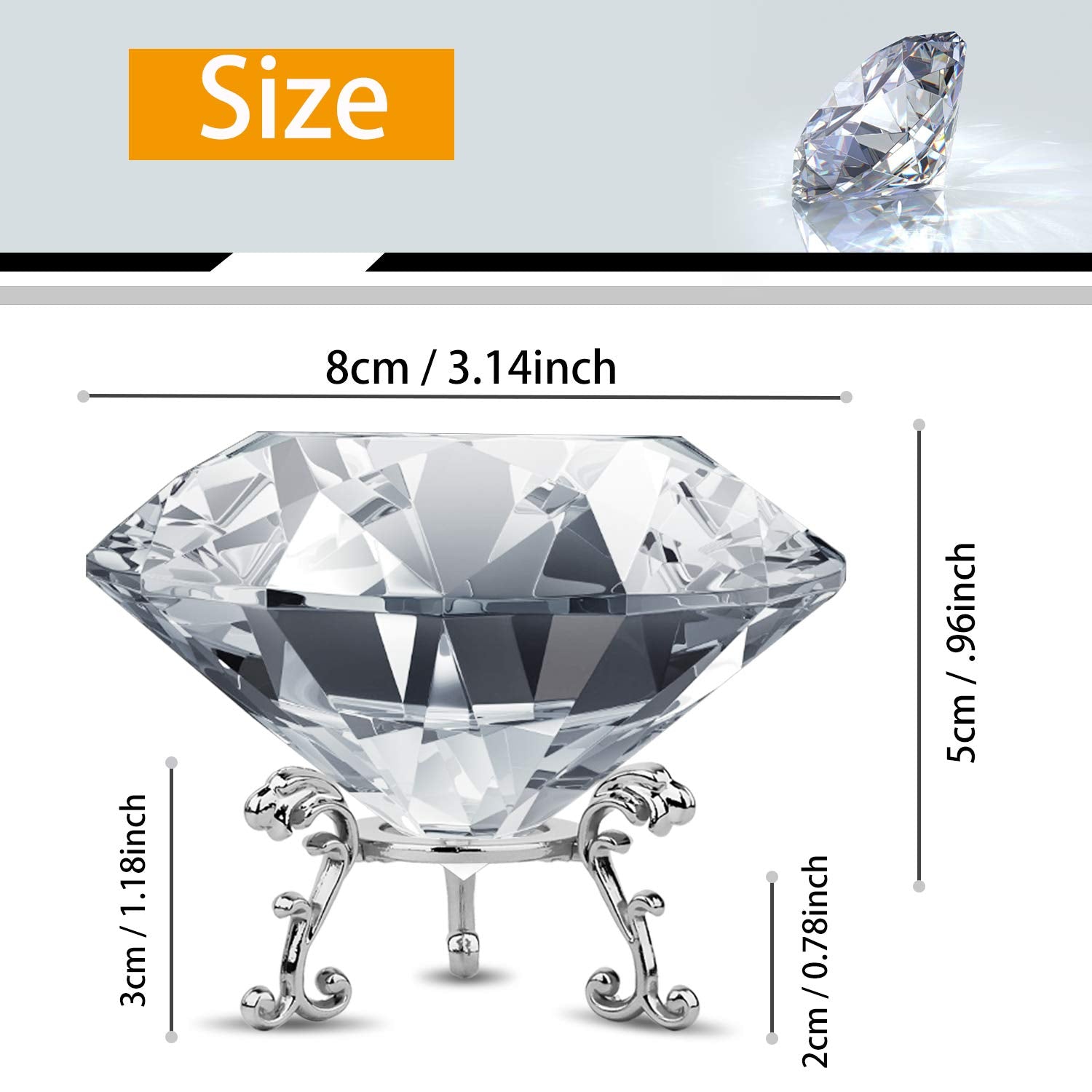 MerryNine 80mm Large Crystal Diamond Paperweight, Clear Top K9 Crystal Diamond Decoration with Sliver Triangle Base, for Wedding, Store, Home, Office, Bar, Best Gift for Lover, Family Friends