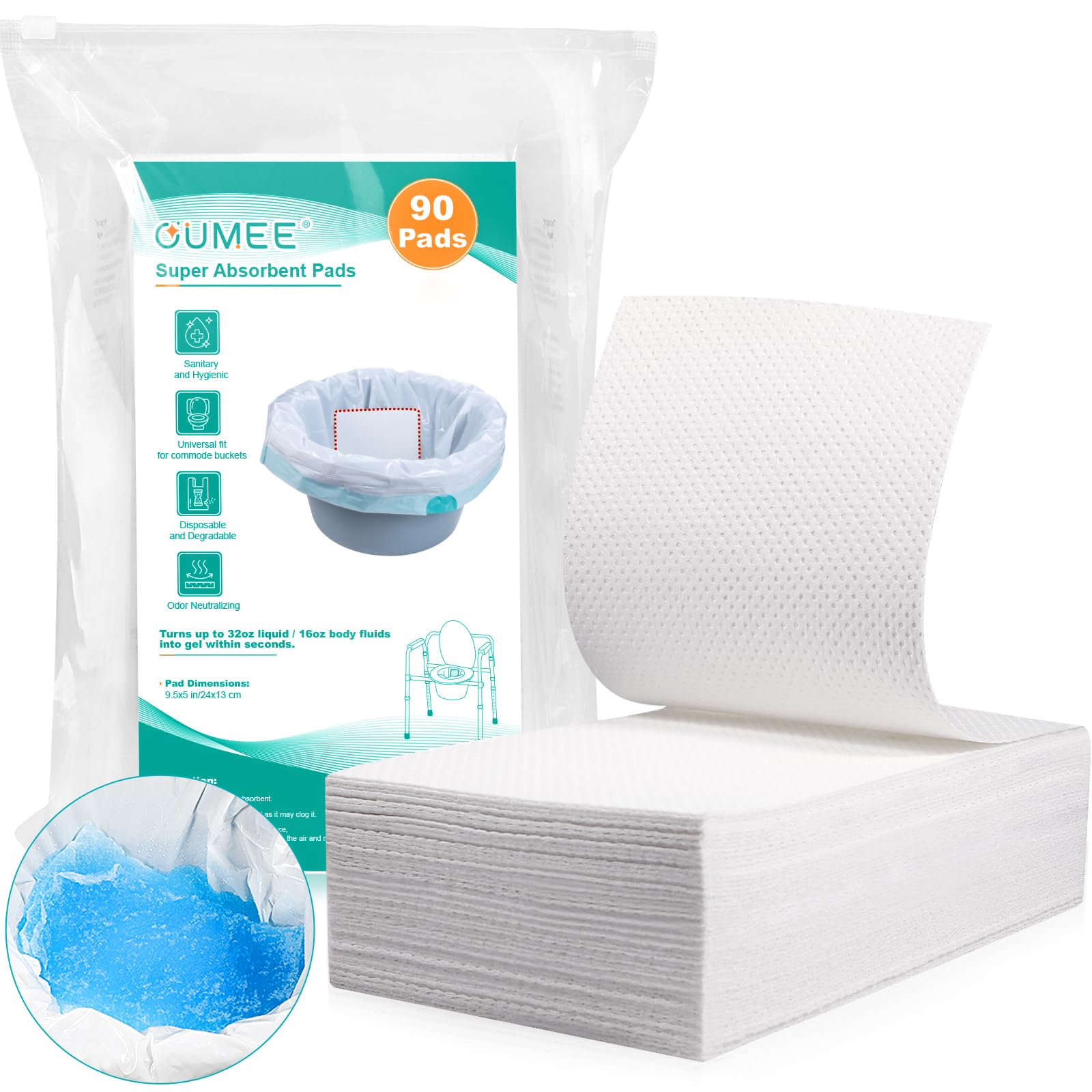Oumee 90 Count Absorbent Commode Pads for Bedside Commode Bucket, Commode Liners Pads with Absorbent Gel, Potty Liner Pads for Adults Portable Toilet Bags Bedpans (90 Pcs)