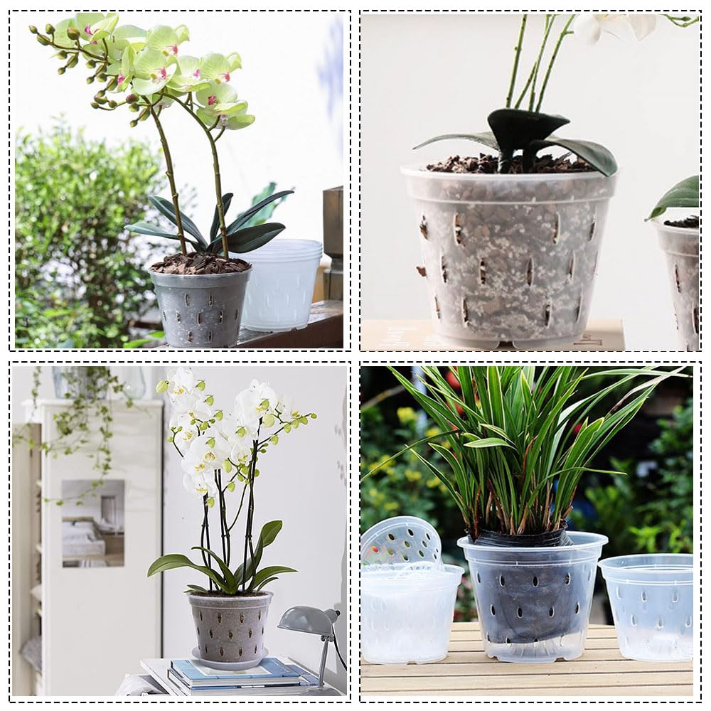Naisfei 4 Packs Orchid Pot, Clear Orchid Pots for Repotting,7 inch Clear Orchid Pot with Holes and Saucers, Breathable Slotted Orchid Planters, Flower Plant Pots Indoor and Outdoor