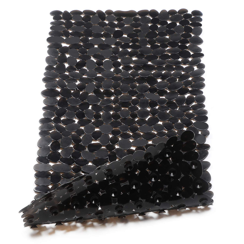 WELTRXE Non Slip Bath Mat Pebbles Bathtub Mat with Suction Cups, Drain Holes for Bathroom Showers, Tub, 35" x 16" Machine Washable Rectangle Bathroom Mats BPA, Latex Free Safe Shower Mats,Opaque Black