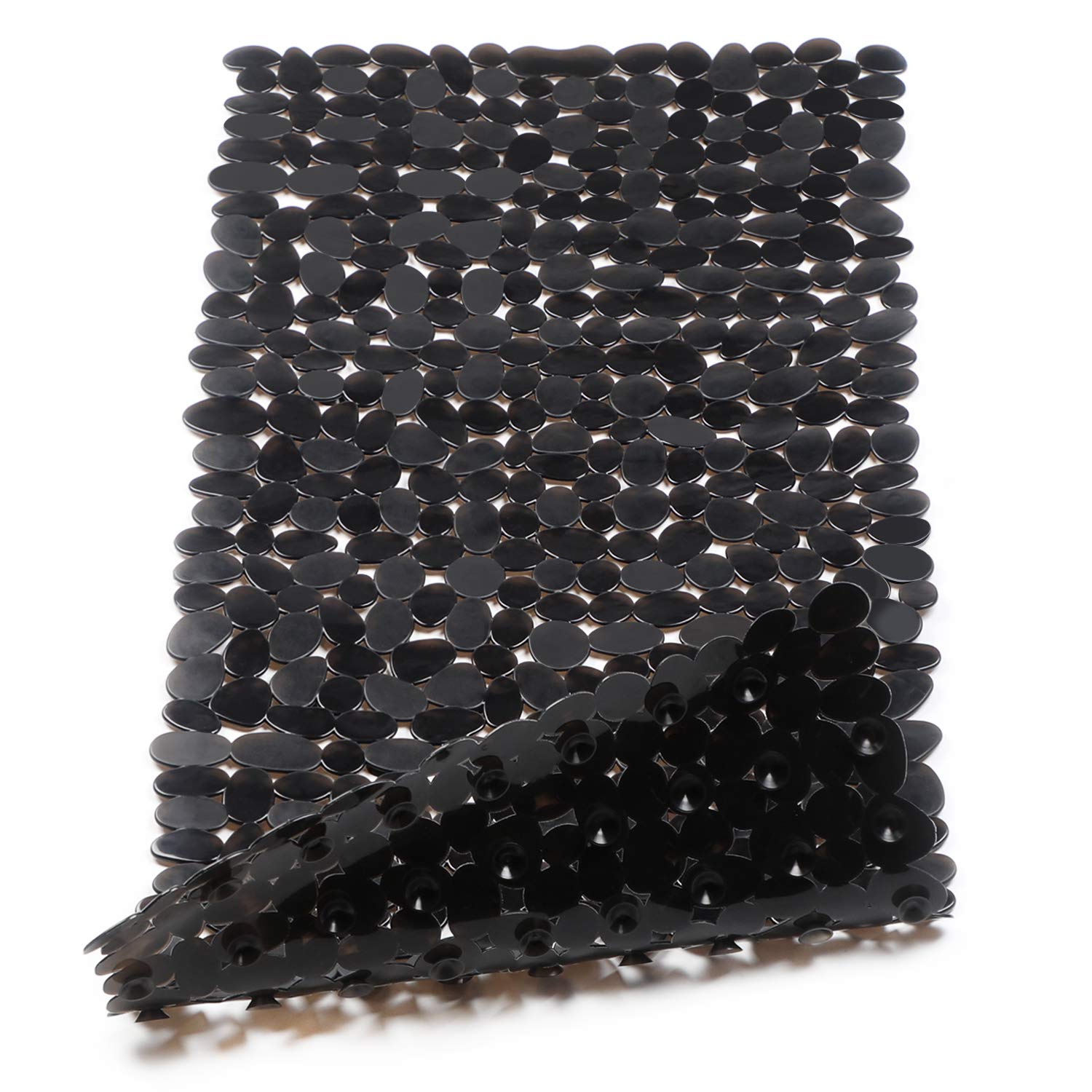 WELTRXE Non Slip Bath Mat Pebbles Bathtub Mat with Suction Cups, Drain Holes for Bathroom Showers, Tub, 35" x 16" Machine Washable Rectangle Bathroom Mats BPA, Latex Free Safe Shower Mats,Opaque Black
