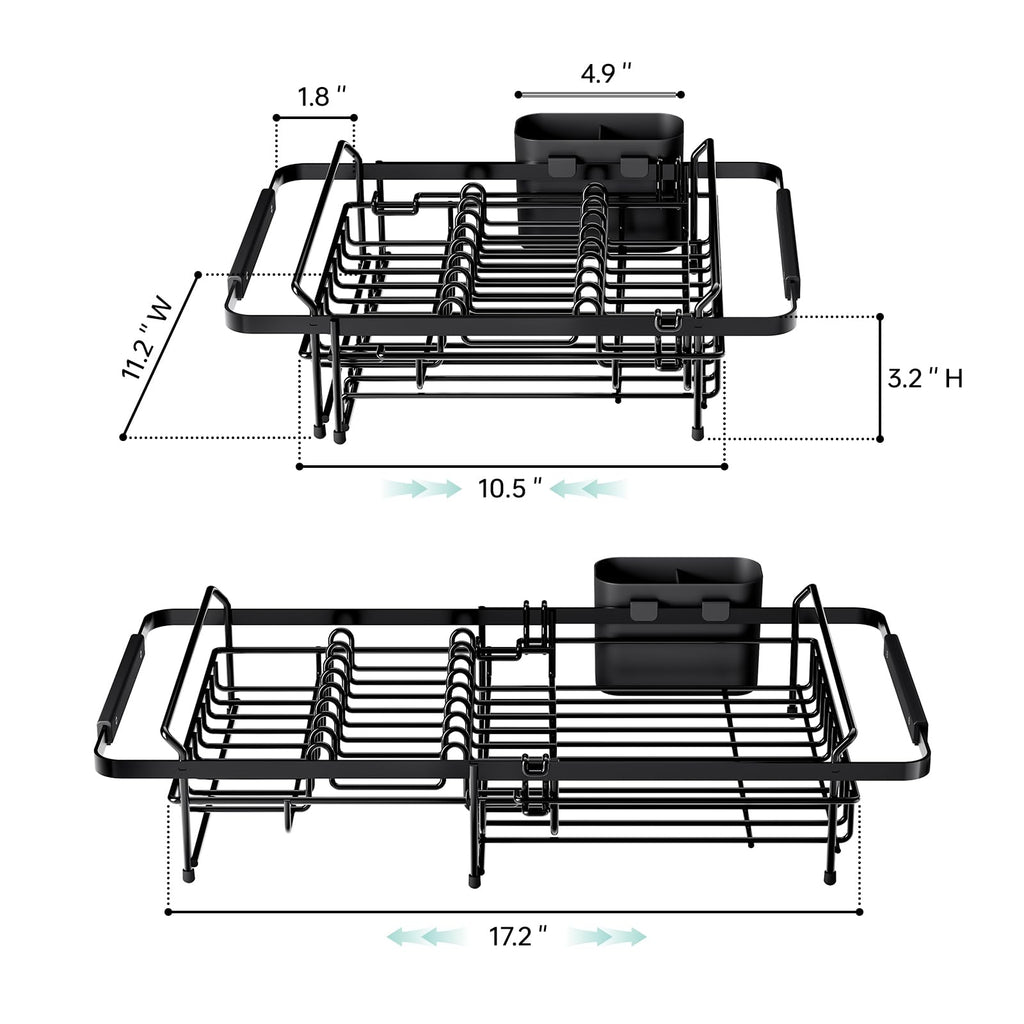 Expandable-Sink-Dish-Drying-Rack with Utensil Holder for Kitchen Counter, in Sink and Over The Sink, Rust Resistant, Black