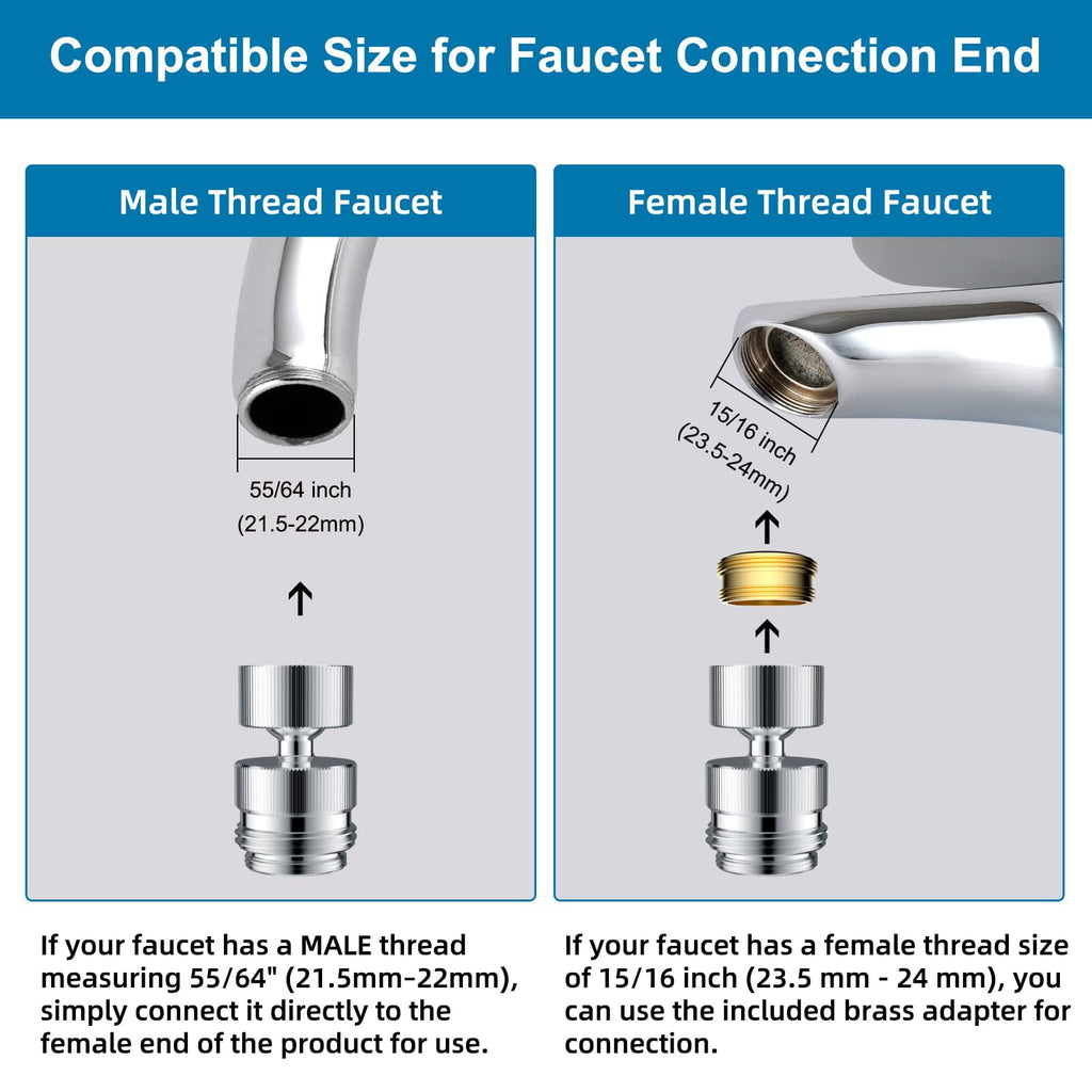 Hibbent Sink Faucet to Garden Hose Adapter, 360-Degree Swivel 55/64 Inch Female Thread, Sink Hose Attachment for Faucet Adapter Connector, Chrome