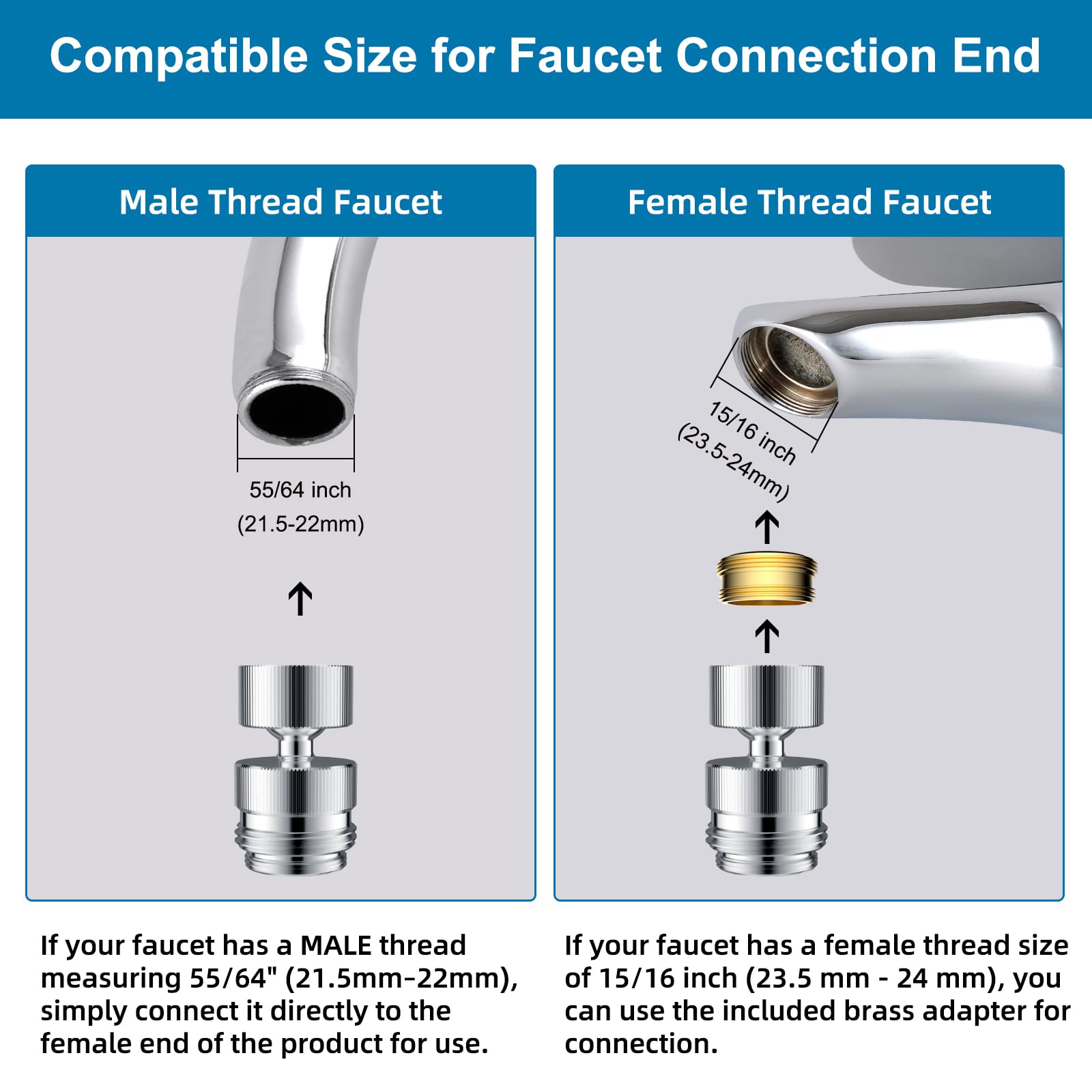 Hibbent Sink Faucet to Garden Hose Adapter, 360-Degree Swivel 55/64 Inch Female Thread, Sink Hose Attachment for Faucet Adapter Connector, Chrome
