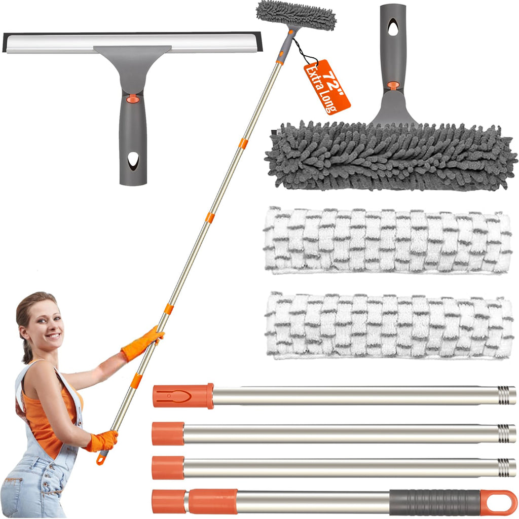 Window Cleaning Tools Window Squeegee: with Extendable Pole 72 Inch - Microfiber Scrubber - for Indoor & Outdoor Glass, Car,High Windows