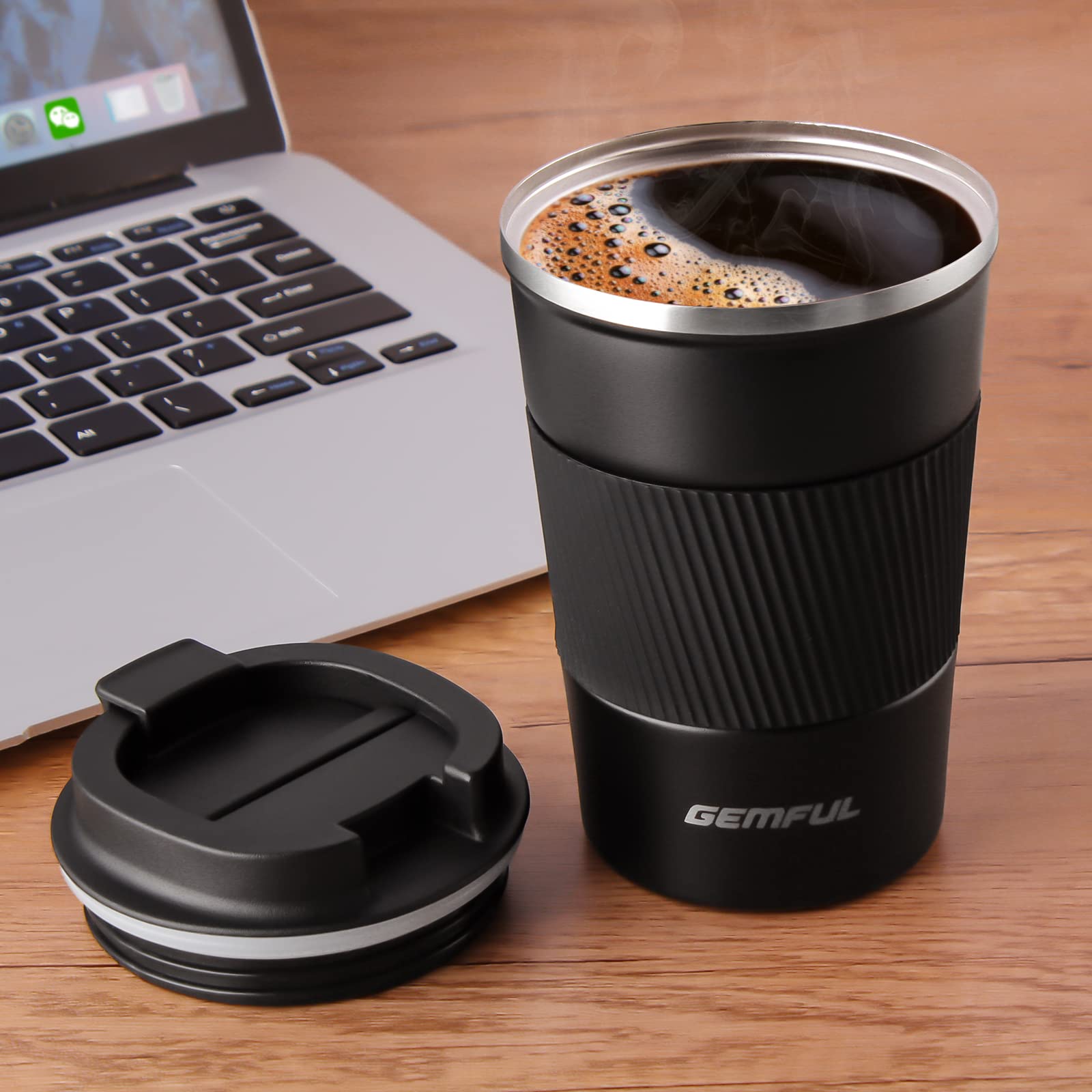 GEMFUL Set of 2 380ml Insulated Travel Mugs Leak Proof Stainless Steel Coffee Tumblers Double Wall Vacuum Coffee Cups to Go for Hot Cold Drinks Office Car Commute 13oz (Black+White)