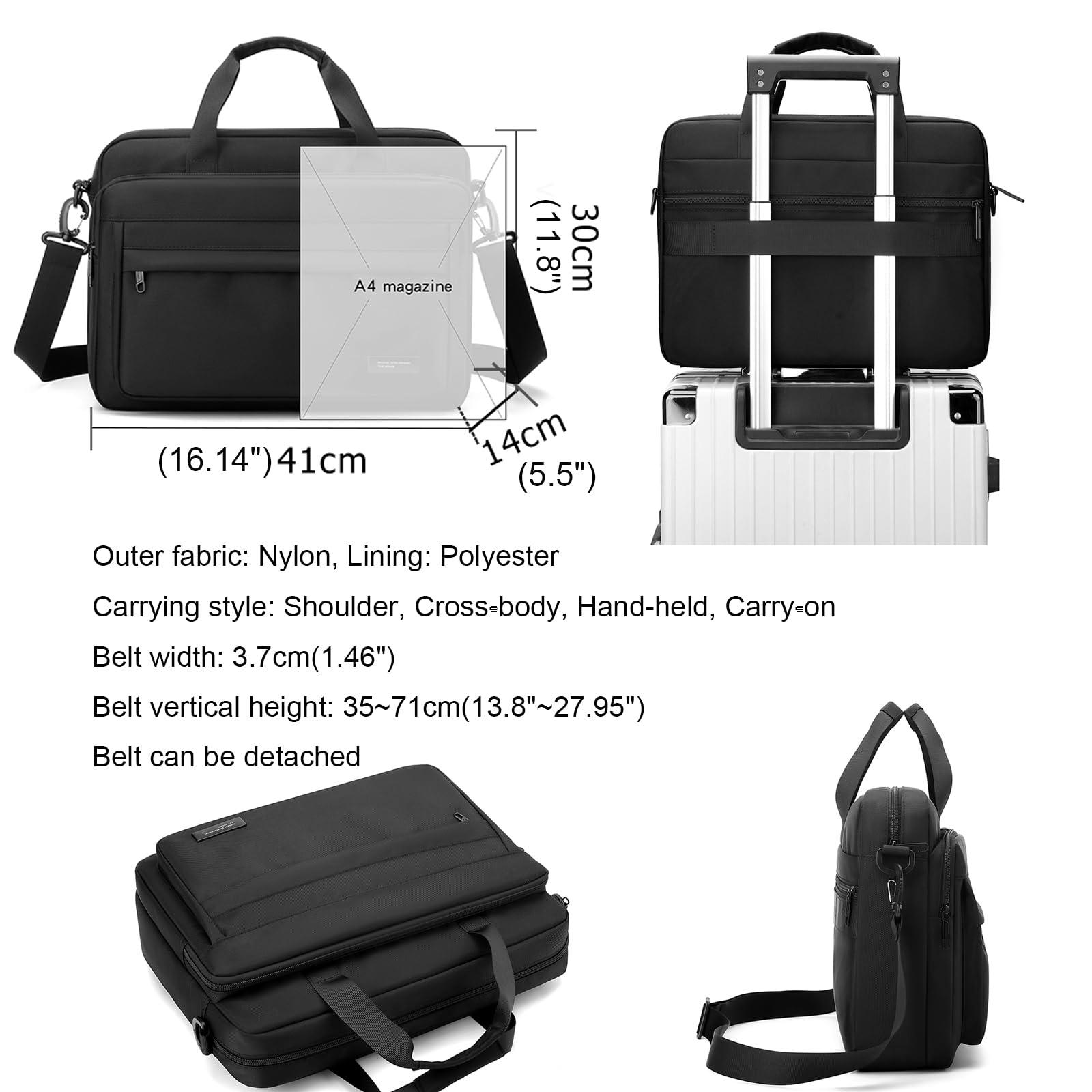 Laptop Bag 15.6 Inch Briefcase for Men Women Waterproof Nylon Lightweight, Shoulder Computer Messenger Handbag for Business Office Work Travel College Black
