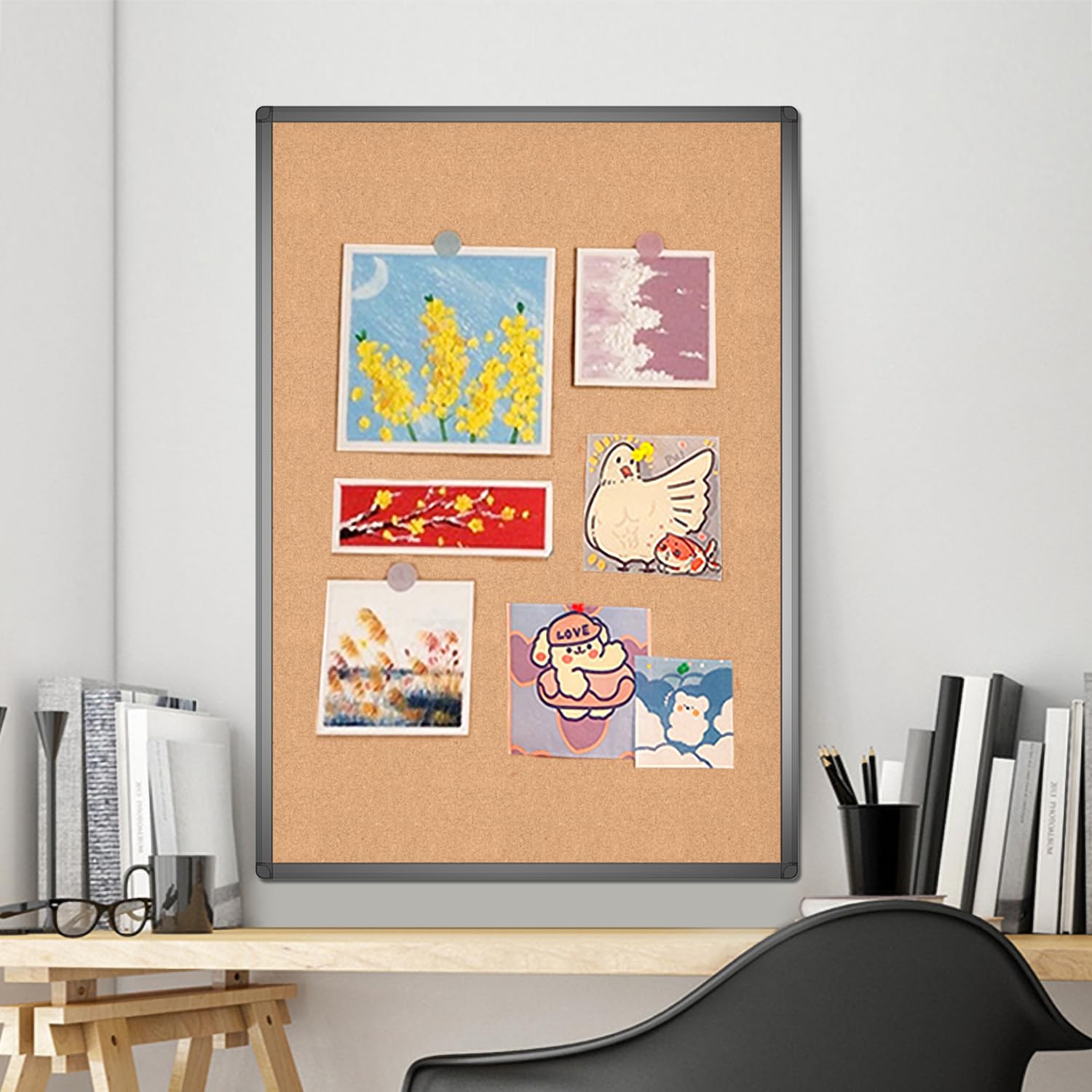 VIZ-PRO Cork Notice Board, 36 X 24 Inches, Cork Bulletin Board with Black Aluminium Frame