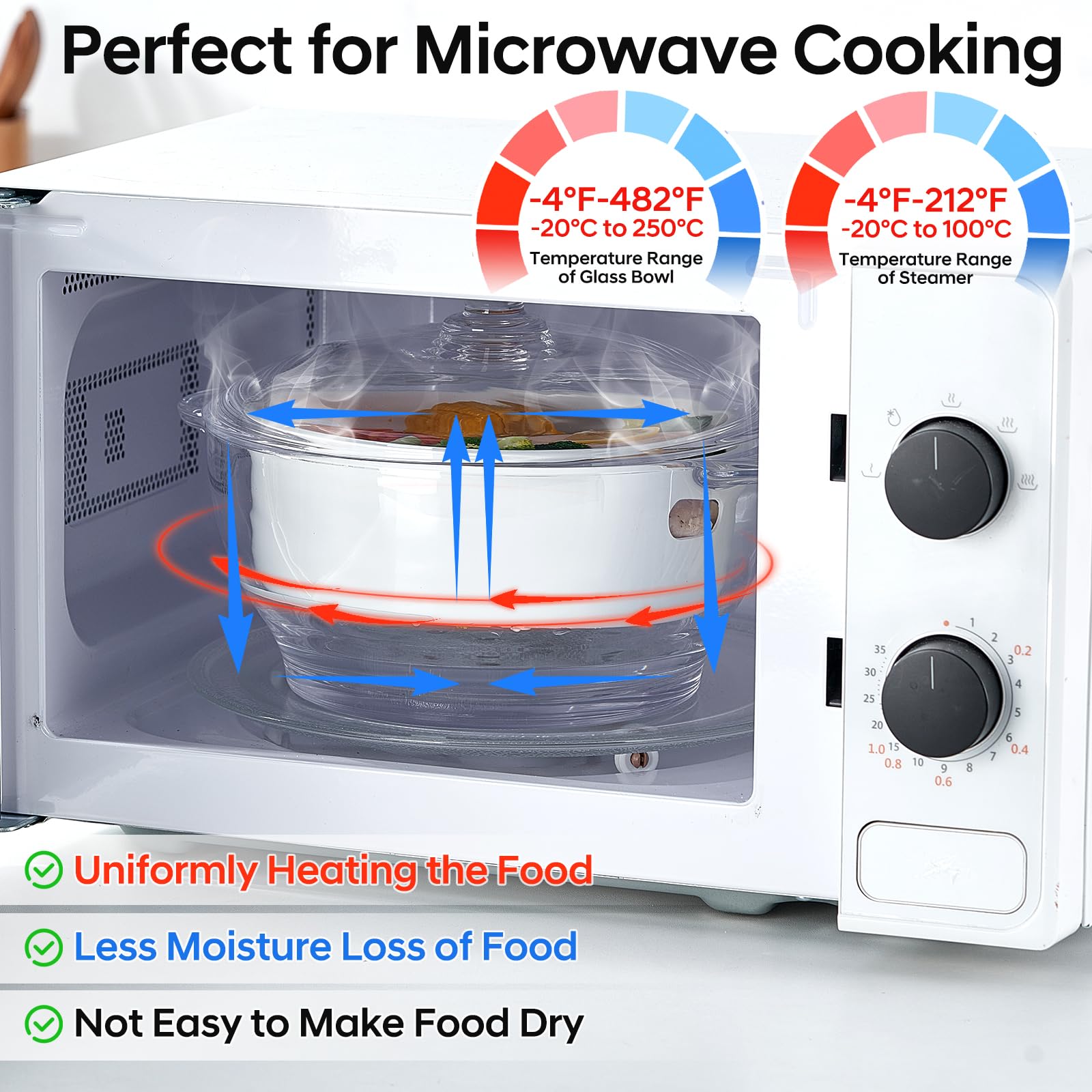 2.5L Glass Microwave Vegetable Steamer, Steamer for Cooking, Microwave Dumpling Fish Broccoli Bun Potato Food Cooker with Lid & Steaming Basket for Convenient Quick Healthy, BPA-Free, Dishwasher Safe