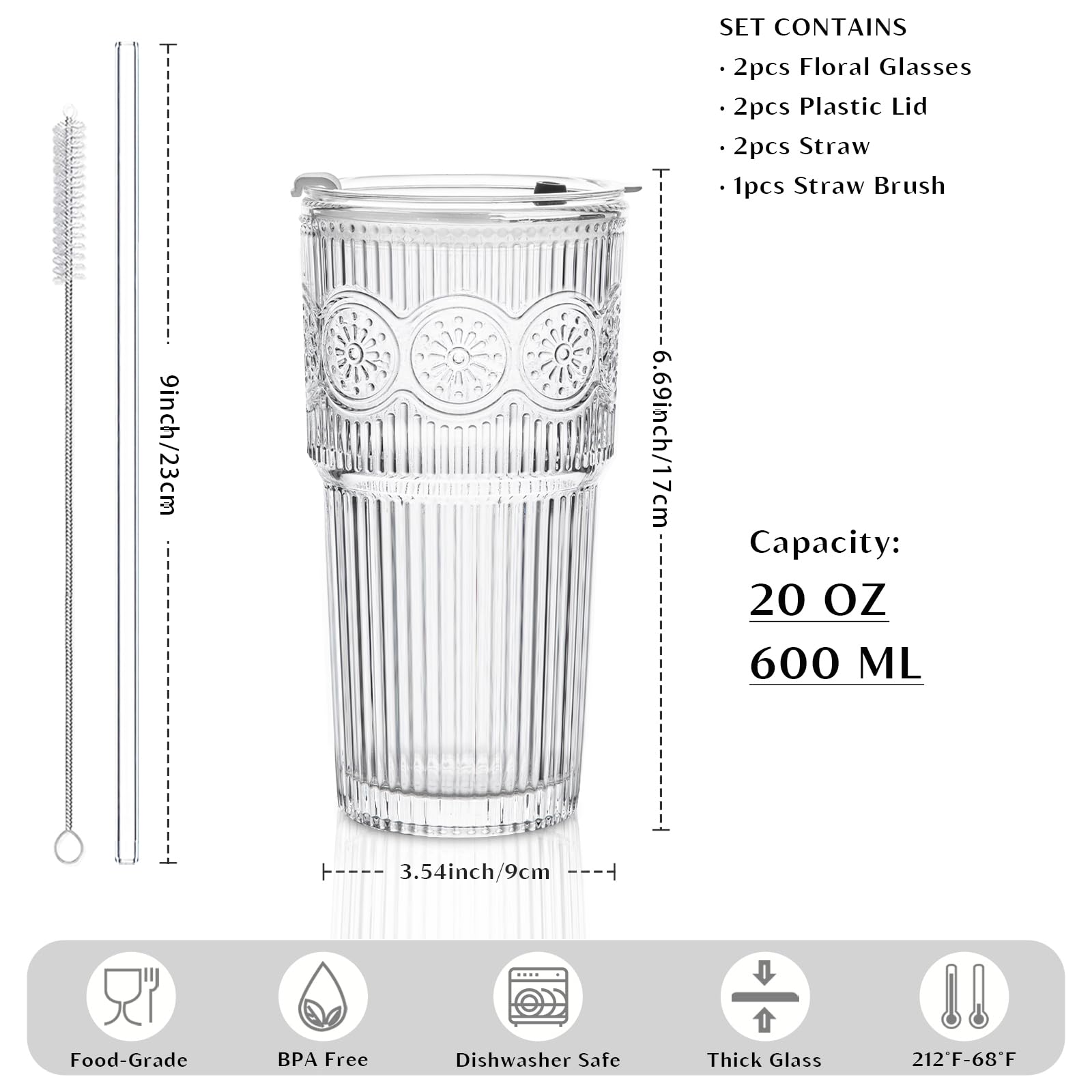 INSETLAN 20oz Ribbed & Floral Glass Tumblers with Lids and Glass Straws, Set of 2 – Iced Coffee Cups, Reusable Drinking Glasses for Water, Smoothies, Tea, and Juice – Perfect for Travel & Daily Use