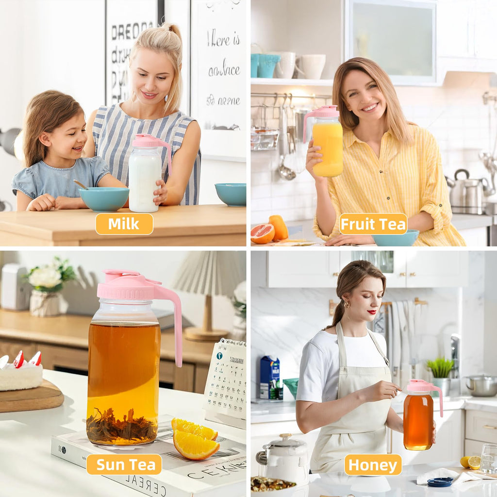 AsstarJTK 2 Pack Glass Mason Jar Pitcher - 64 oz/2 Quart Wide Mouth Jug with Lid and Pour Spout, Airtight Seal, Leak Proof Iced Tea Pitcher for Sun Tea, Juice, Breast Milk, Cold Beverages, Coffe