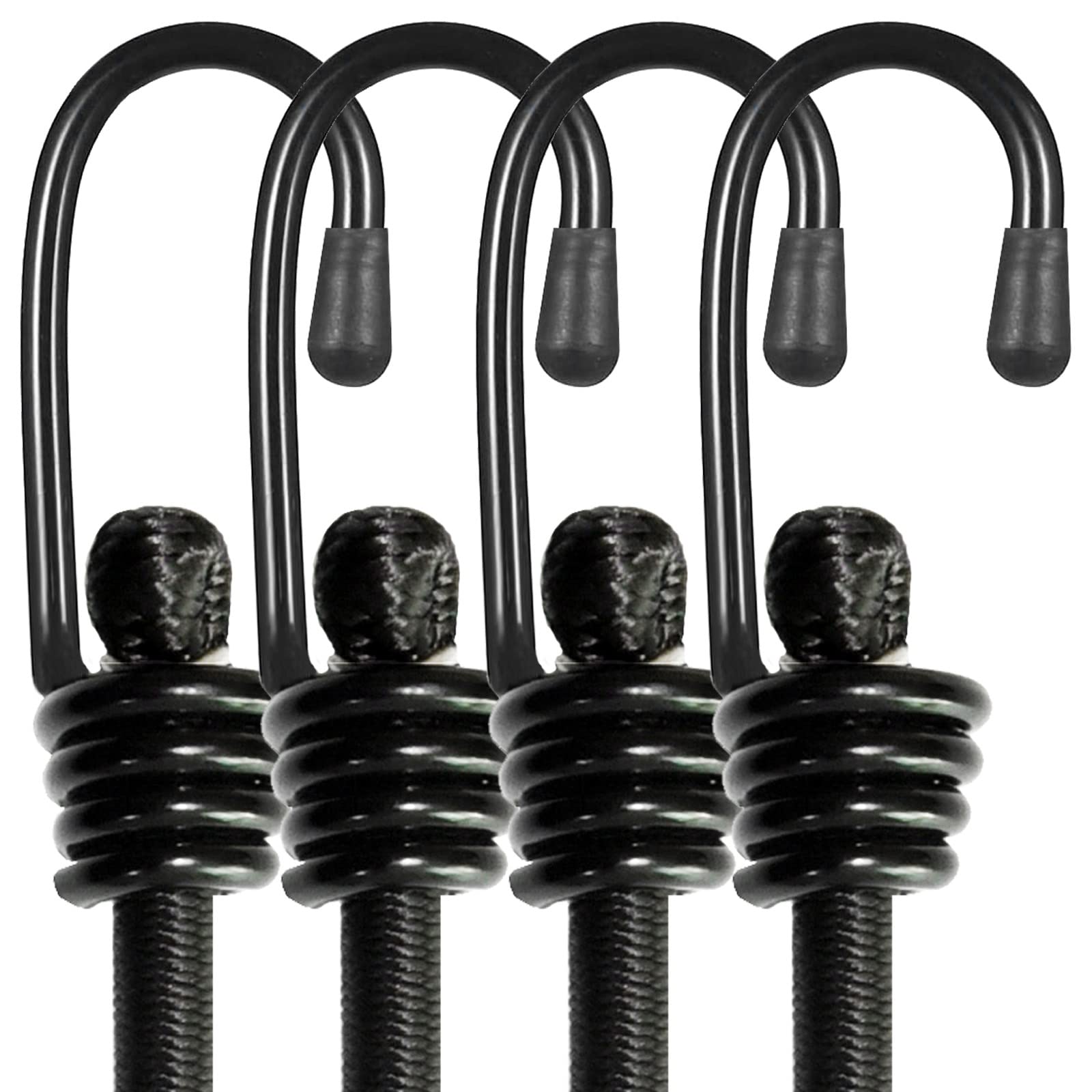 Bungee Cords with Hooks, Heavy Duty Outdoor Elastic Bungee Straps，No Odour Industrial Grade Bungee Rope for Securing Tarps, Luggage, Tents, Bikes or Garden Tidying 48inch 4Pcs (Black)