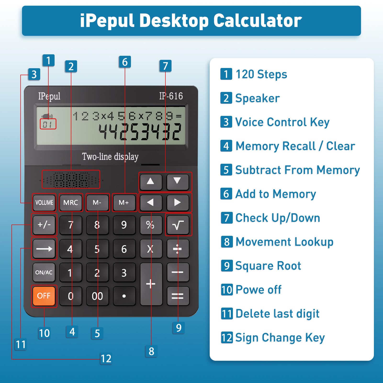 Calculators Desktop,Ipepul Talking Calculator with 2-line 12-Digits Large LCD Display and Large Button,4 Function Calculator for Business,Office,Store,School (Black)