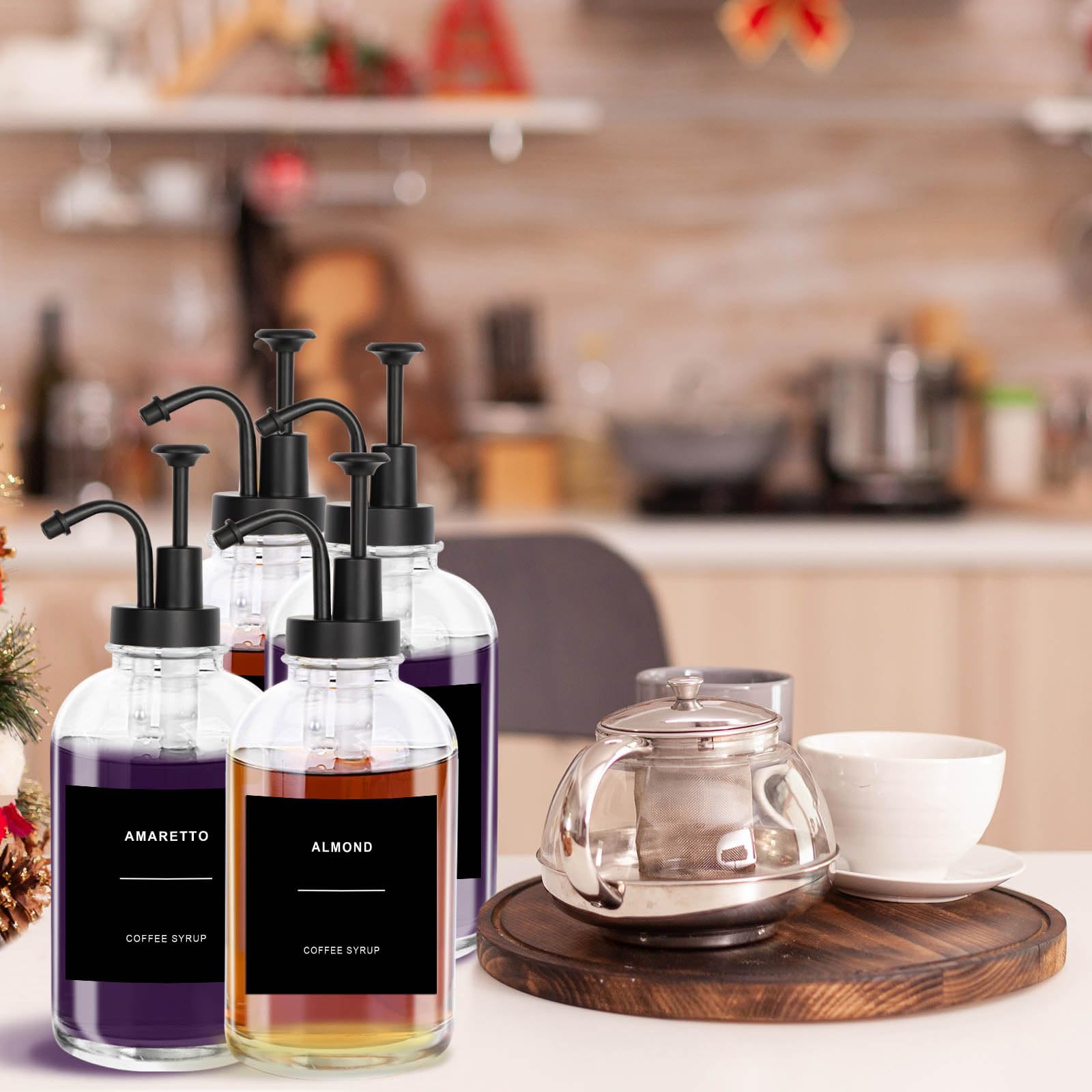 Sunal Set of 4 Coffee Syrup Dispenser, 500ml/16.9 oz Glass Pump Bottle With 36 Waterproof Labels and Funnel for Kitchen Coffee Bar Accessories