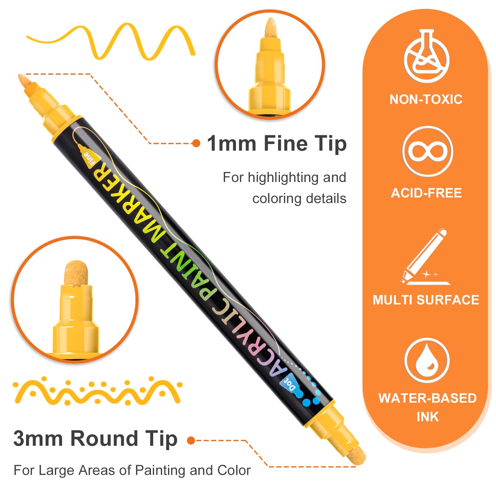 48 Colors Acrylic Paint Markers，Premium Acrylic Paint Pens with Dot Tip and Fine Tip for Rock Painting, Glass, Wood, Fabric, Metal, Plastic, Paper, Canvas, Making Art Supplies for Adults