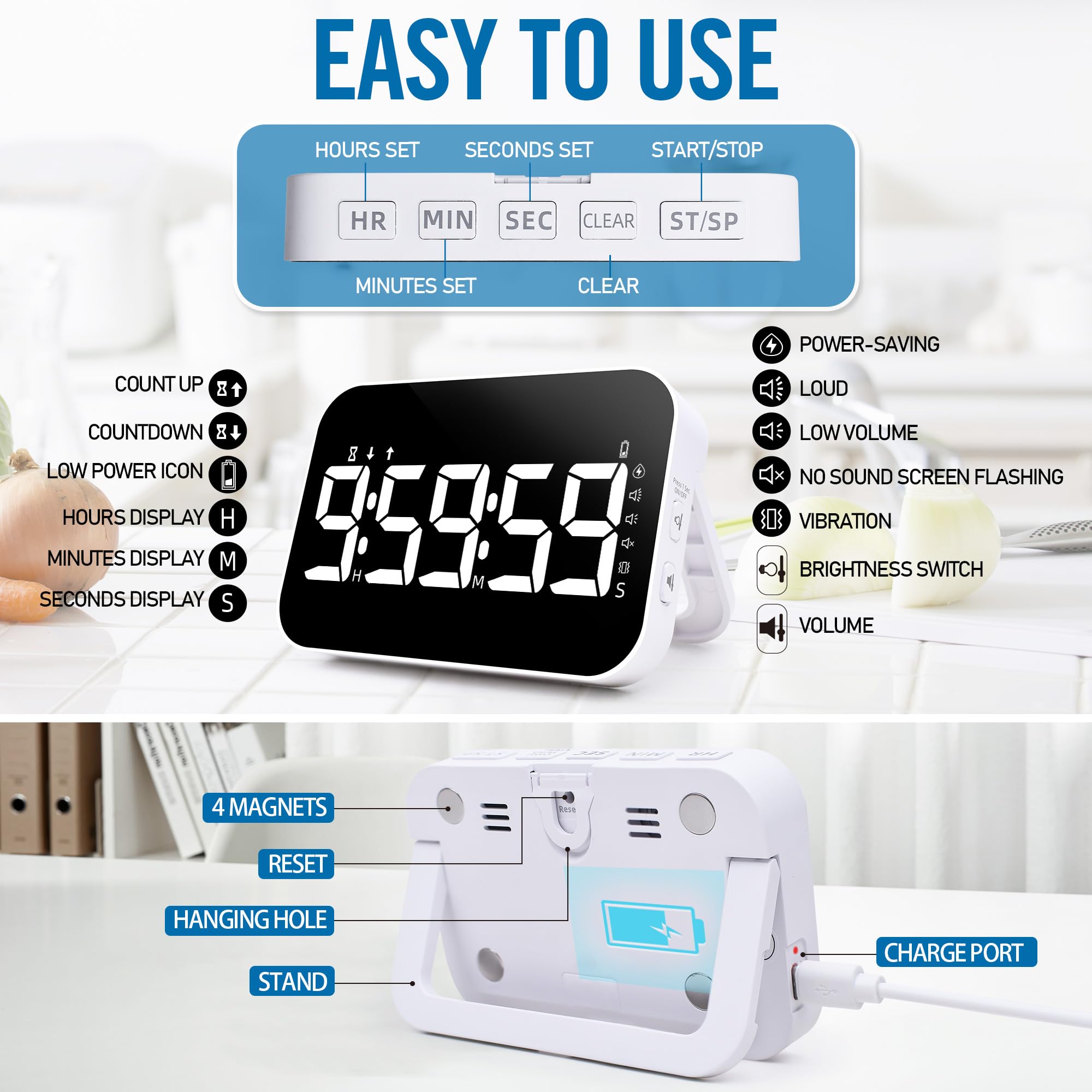 Kitchen Timer, Large Digital Magnetic Timer, Rechargeabilit, Countdown and Countup, 3 Brightness Display, 3 Volume Levels and Vibration Mode, for Cook, Kids Adults Study Teaching