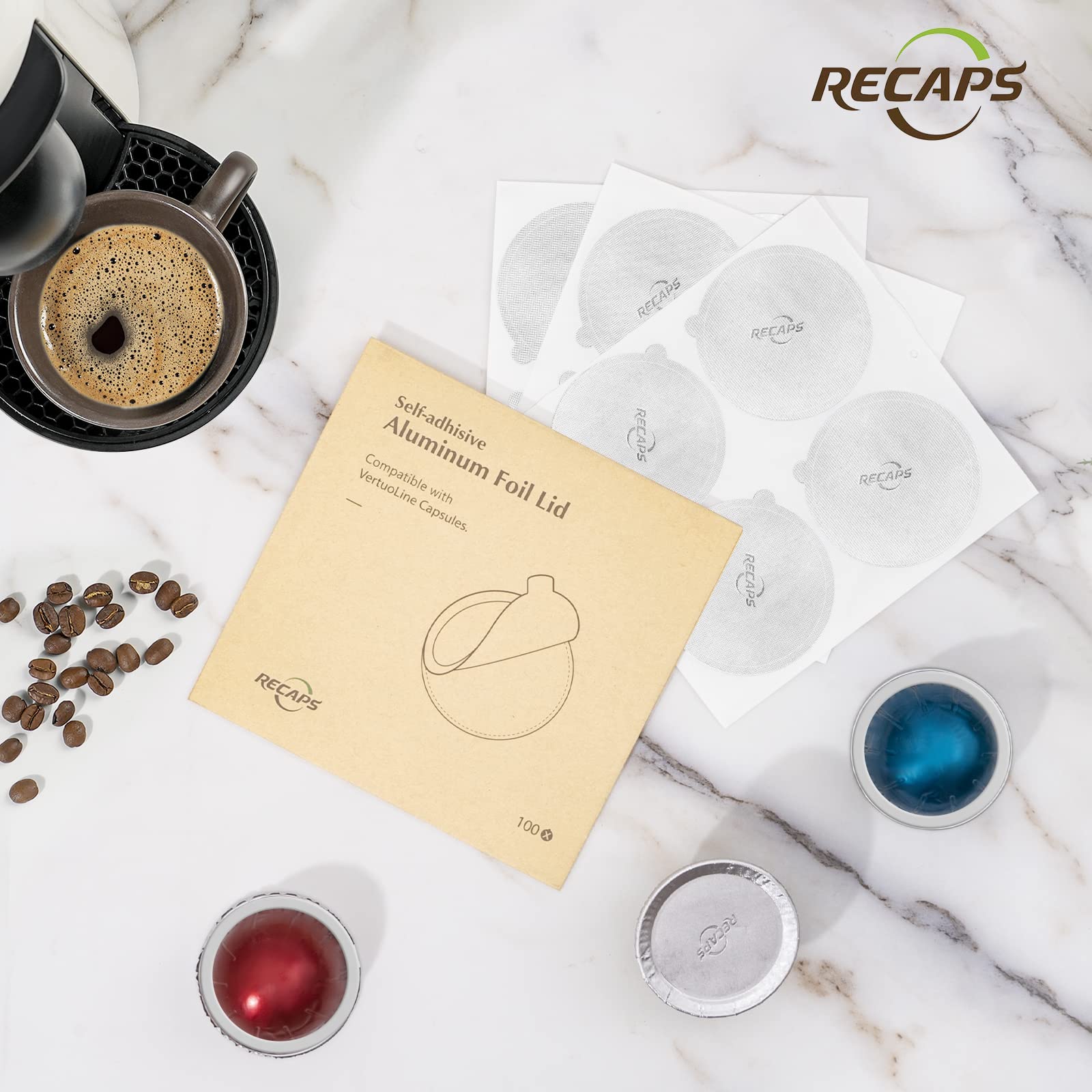 RECAPS Aluminum Foil Lids to Reuse Coffee Pods Reusable Coffee Filter Refillable Filter Compatible with Nespresso VertuoLine Vertuo 200 Pcs 62mm(Coffee Pods Excluded)