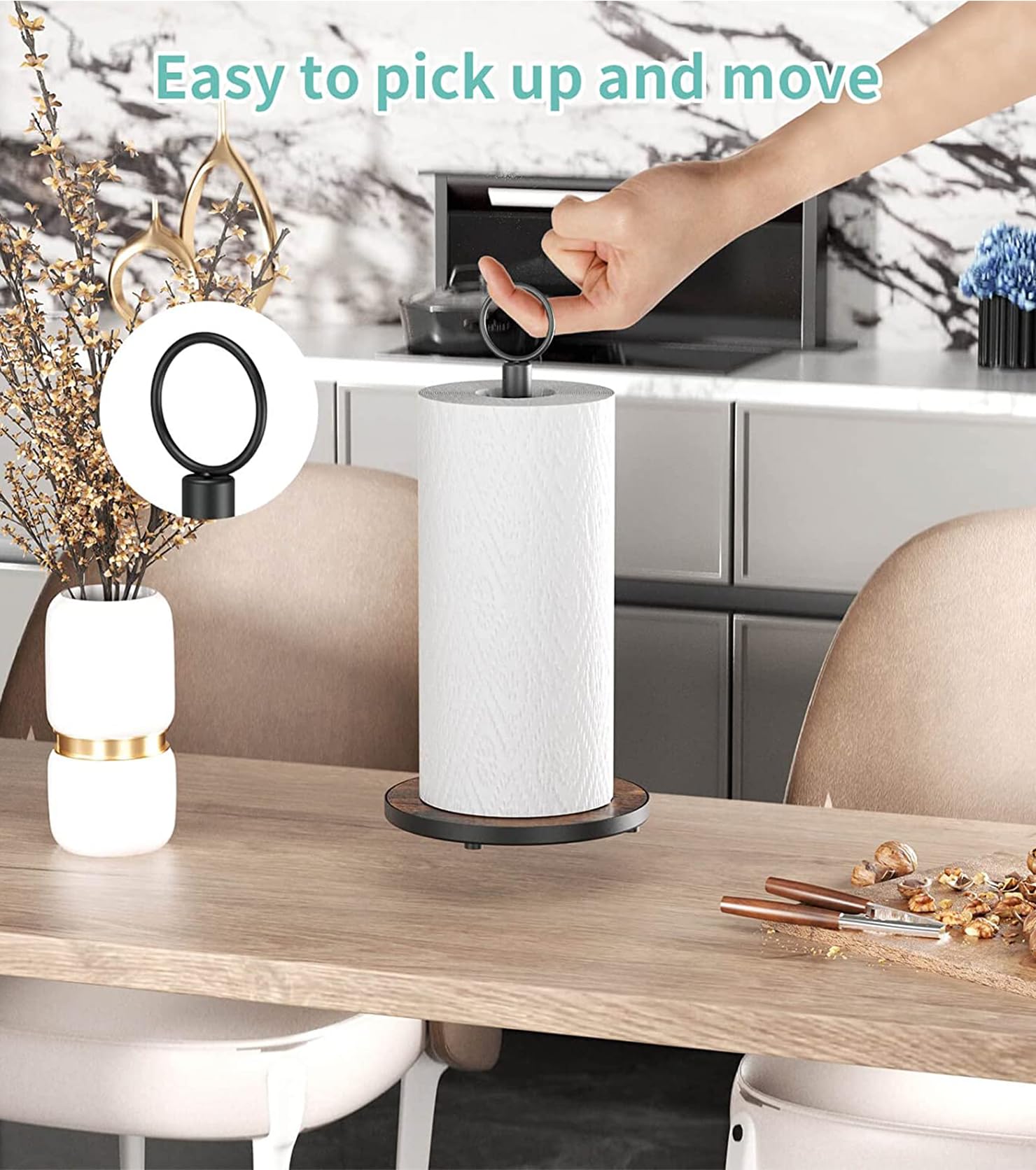 OROPY Paper Towel Holder Countertop with Heavy Duty Wood Base, Farmhouse Paper Towel Roll Stand for Kitchen Counter fits Standard and Jumbo Size Paper Towels (Brown)