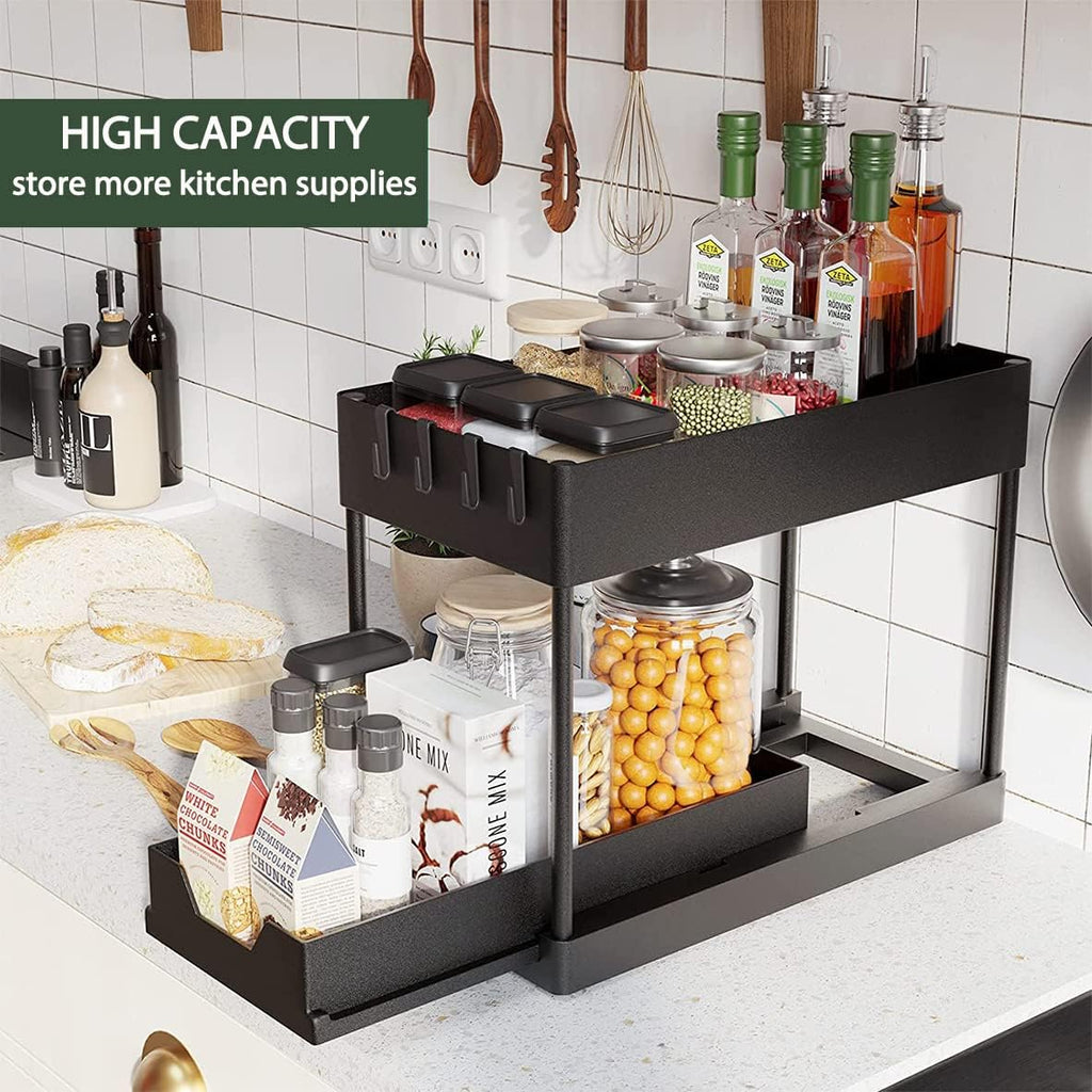 Under Sink Organizer 2 Set - Tomekji Under Sink Storage, Sliding Drawer Pull Out with Hooks for Kitchen Bathroom, No Hanging Cups（Black）